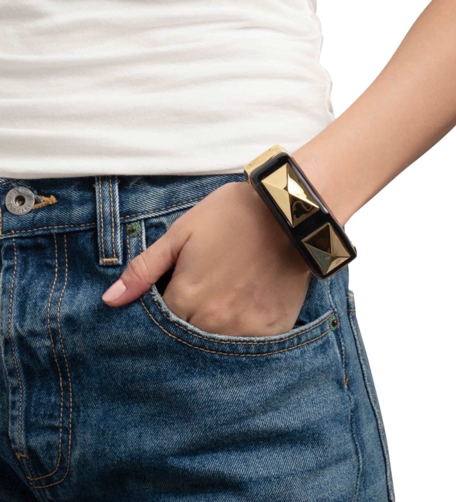 Luminous Lucite Armor
Hinge Bracelet 14k Gold Plated, Onyx Lucite