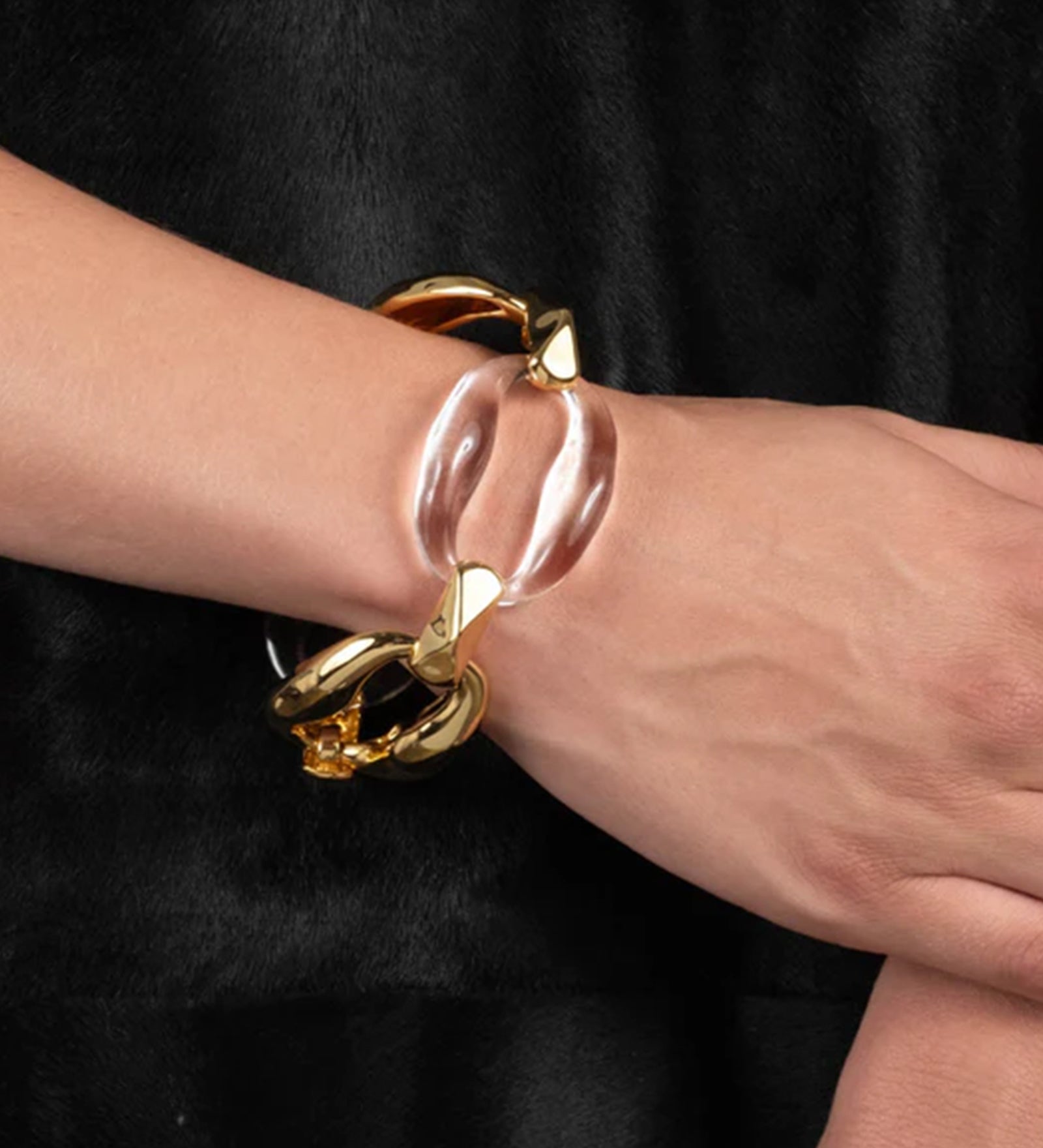 Liquid Lucite Link Bracelet 14k Gold Plated, Clear Lucite