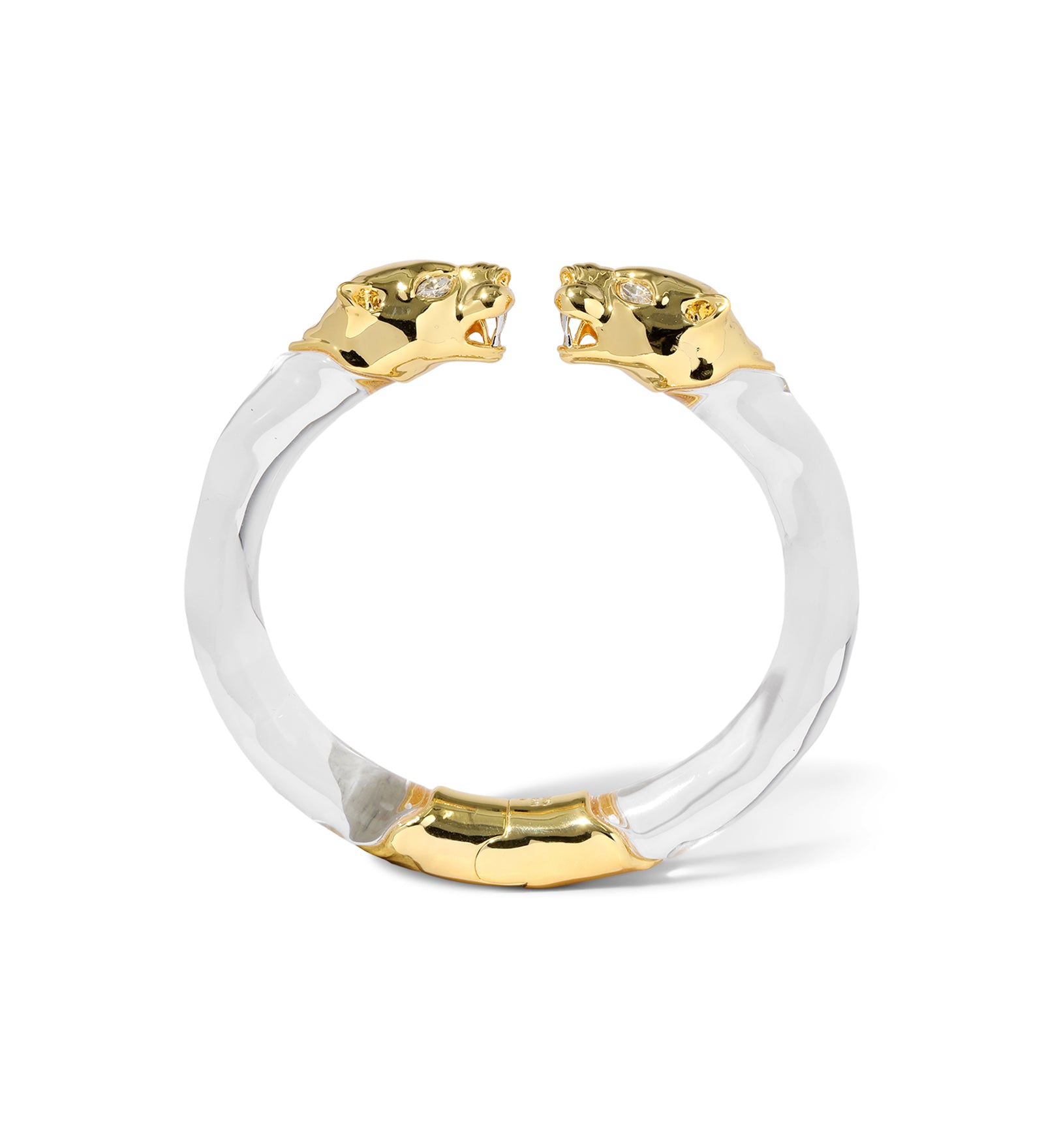 Panther Visage Lucite Hinge Cuff 14k Gold Plated, Clear Lucite
