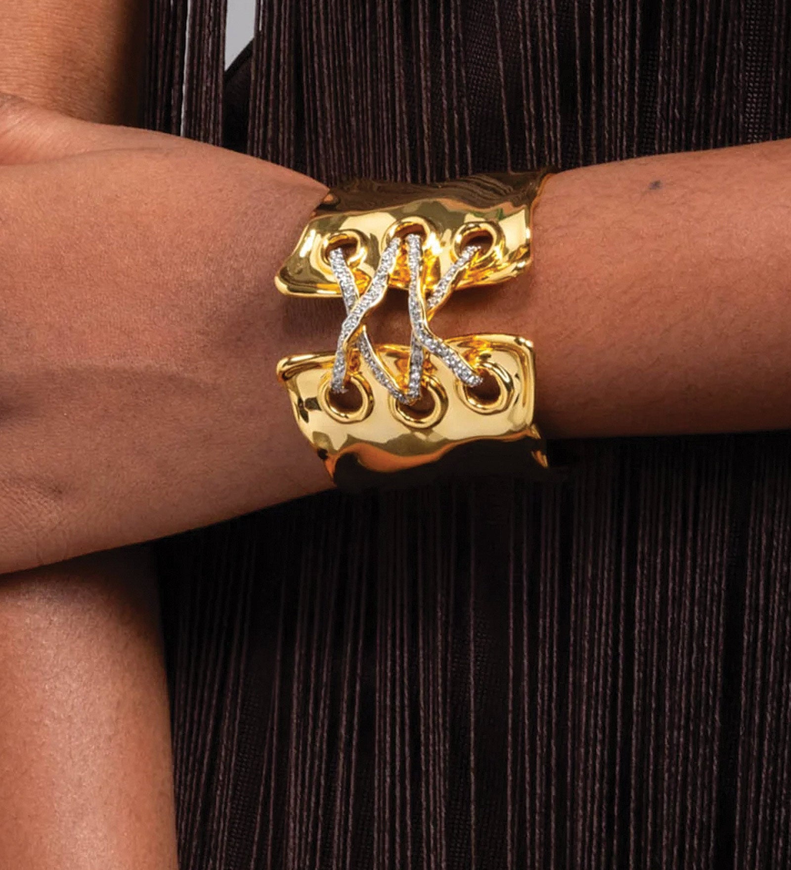 Solanales Gold Crystal Lace Up Cuff Bracelet 14k Gold Plated, Crystal