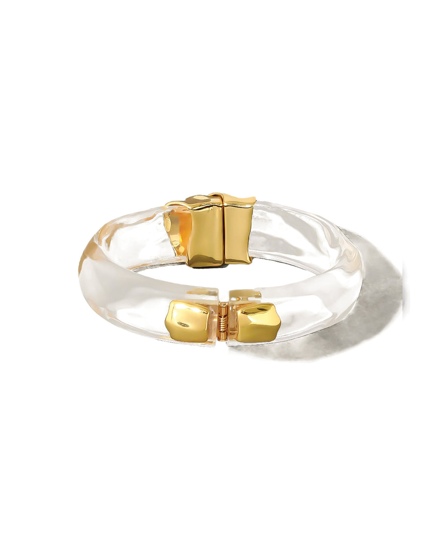 Molten Gold Lucite Hinge Bracelet 14k Gold Plated, Clear Lucite