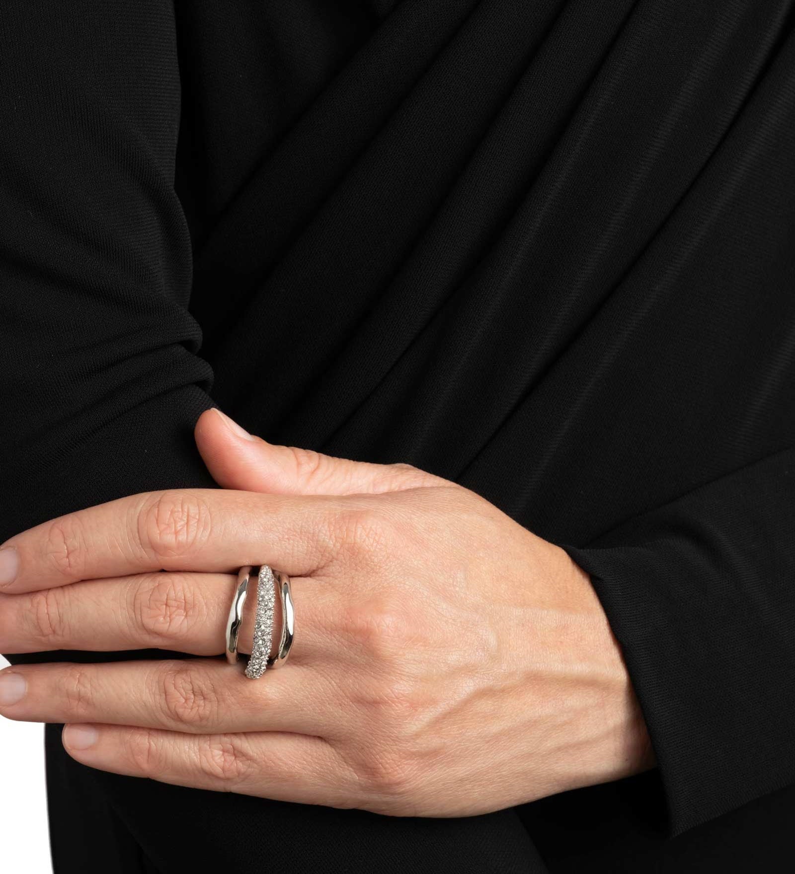 Solanales Crystal Orbiting Ring Rhodium Tone Plated Brass, Crystal / 7