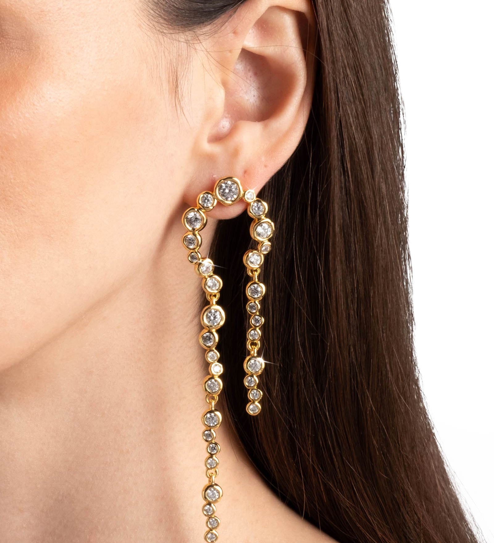 Asterales Gold CZ
Arched Long Earrings 14k Gold Plated, Cubic Zirconia