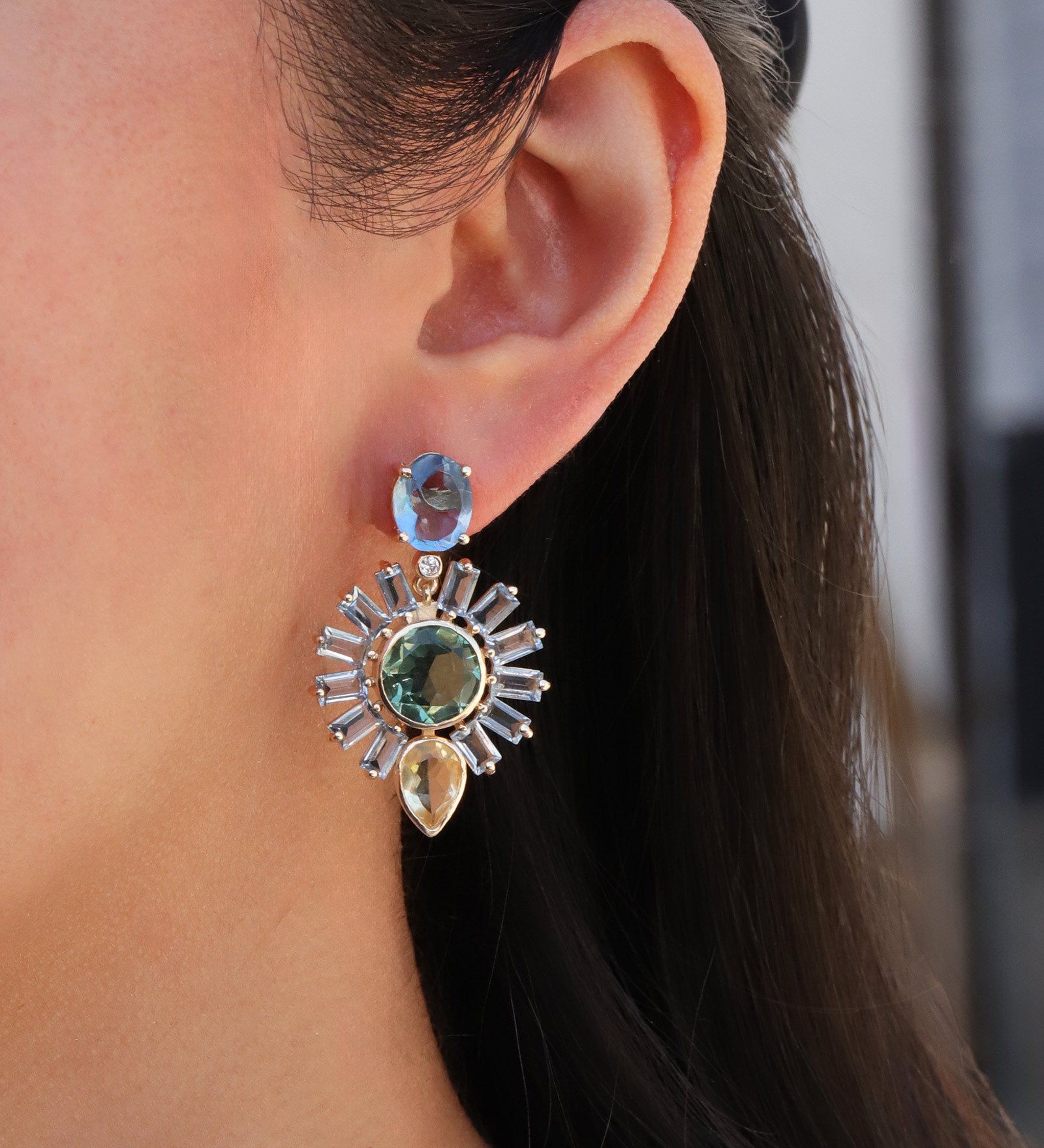 Atelier Mon-Oval Stone Flower Drop Studs-Earrings-14k Gold Plated, Yellow Hydro Quartz-Blue Ruby Jewellery-Vancouver Canada