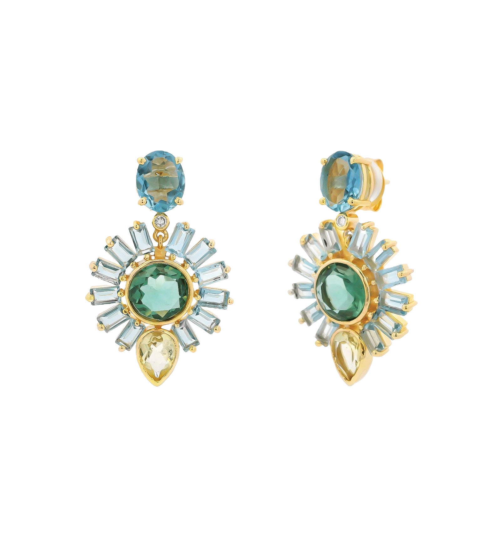 Oval Stone Flower Drop Studs 14k Gold Plated, Yellow Hydro Quartz