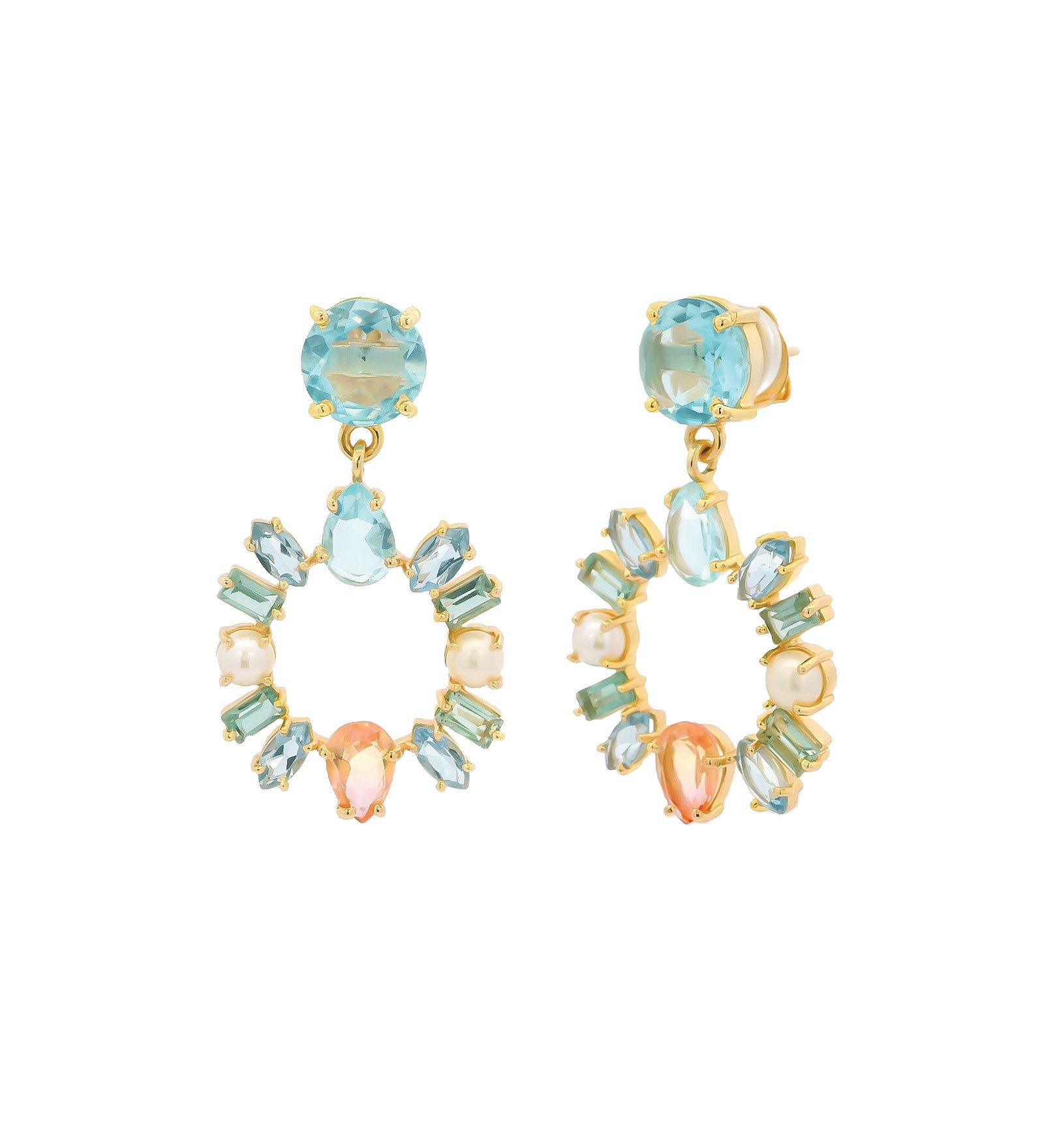 Wreath Stone Drop Studs 14k Gold Plated, Hydro Blue Topaz
