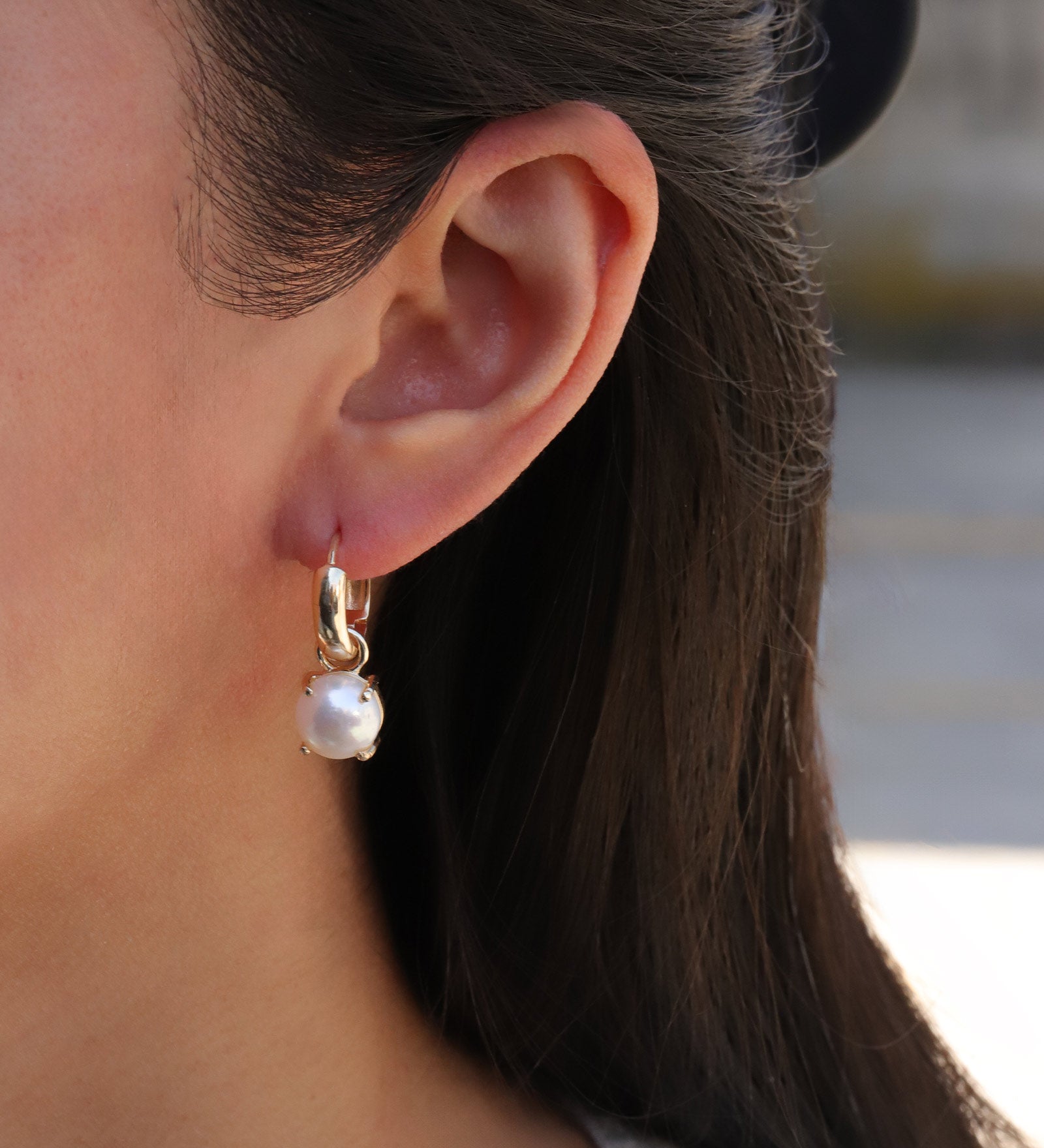 Atelier Mon-Single Pearl Drop Huggies-Earrings-14k Gold Plated, White Pearl-Blue Ruby Jewellery-Vancouver Canada