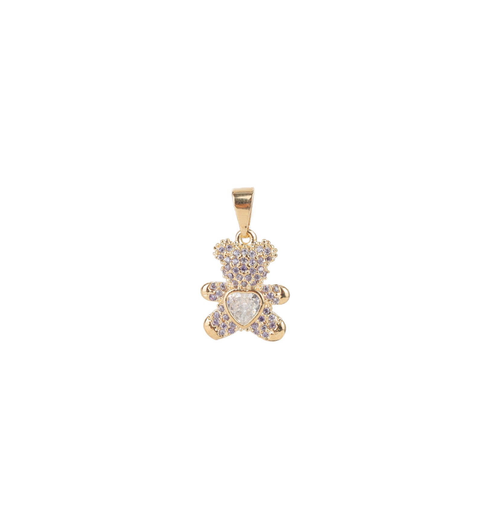 Teddy Heart Pavé Charm 18k Gold Plated, Lavender Cubic Zirconia