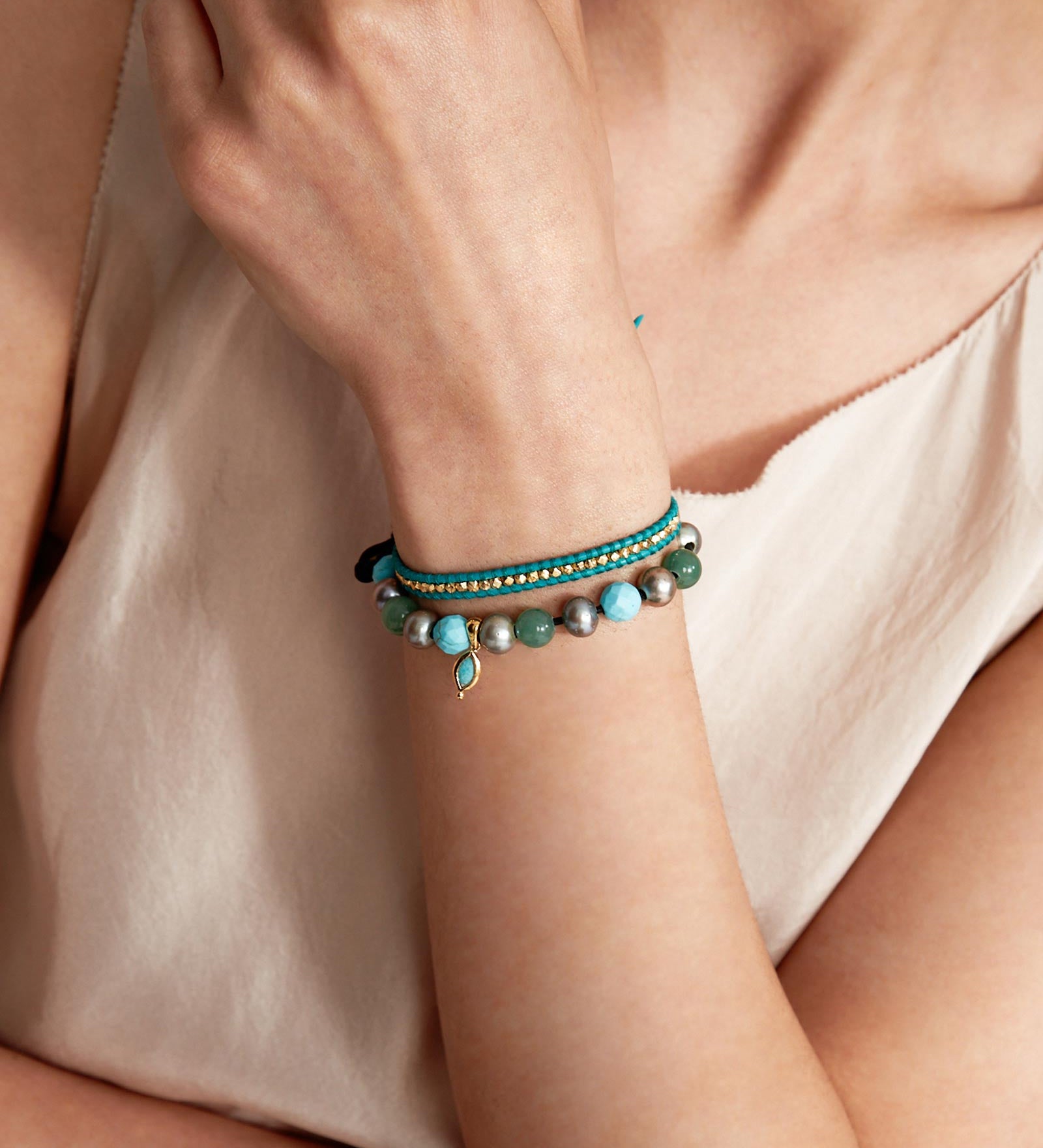 Mix Round Stone Leather Bracelet 18k Gold Vermeil, Turquoise