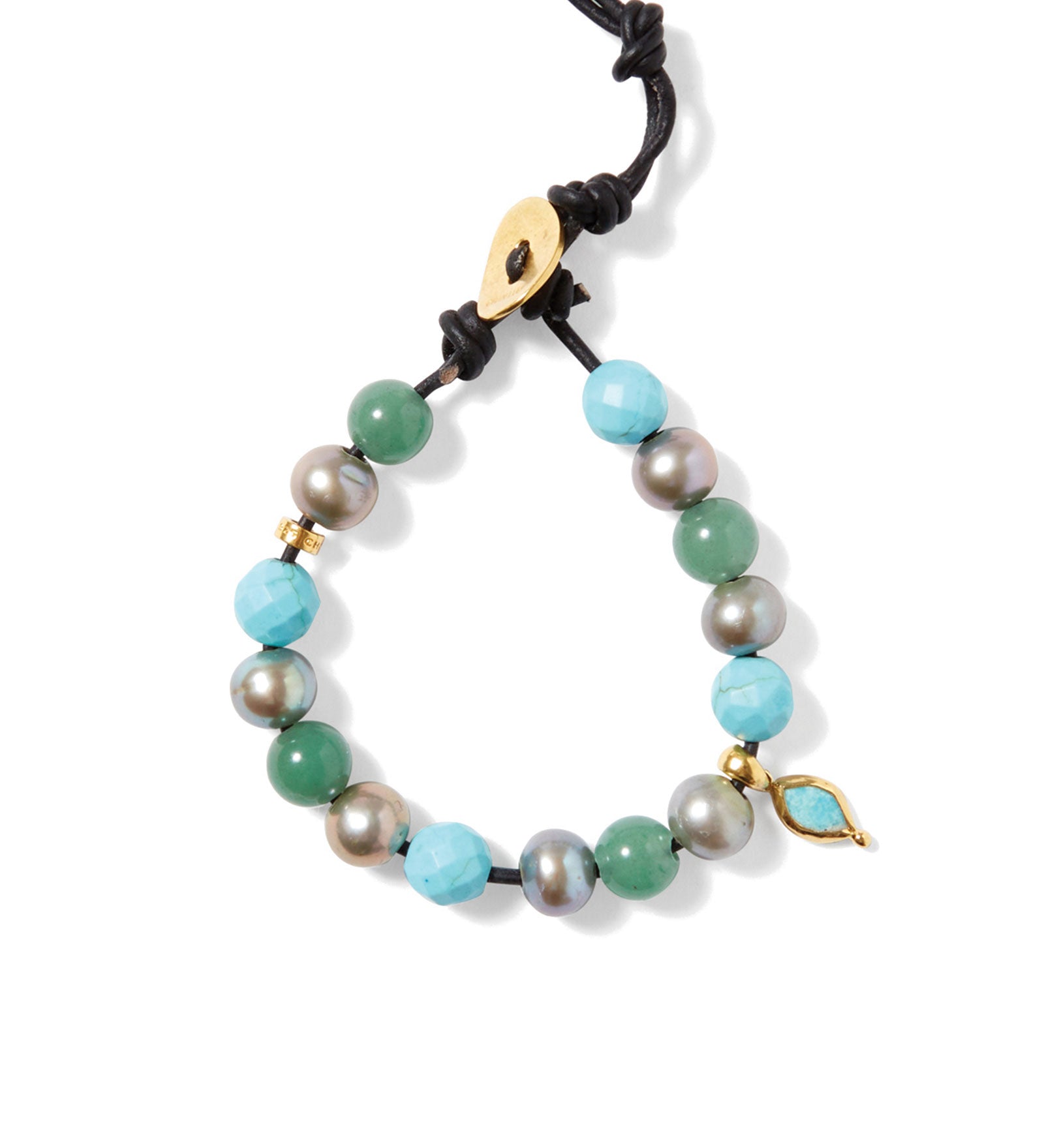Mix Round Stone Leather Bracelet 18k Gold Vermeil, Turquoise