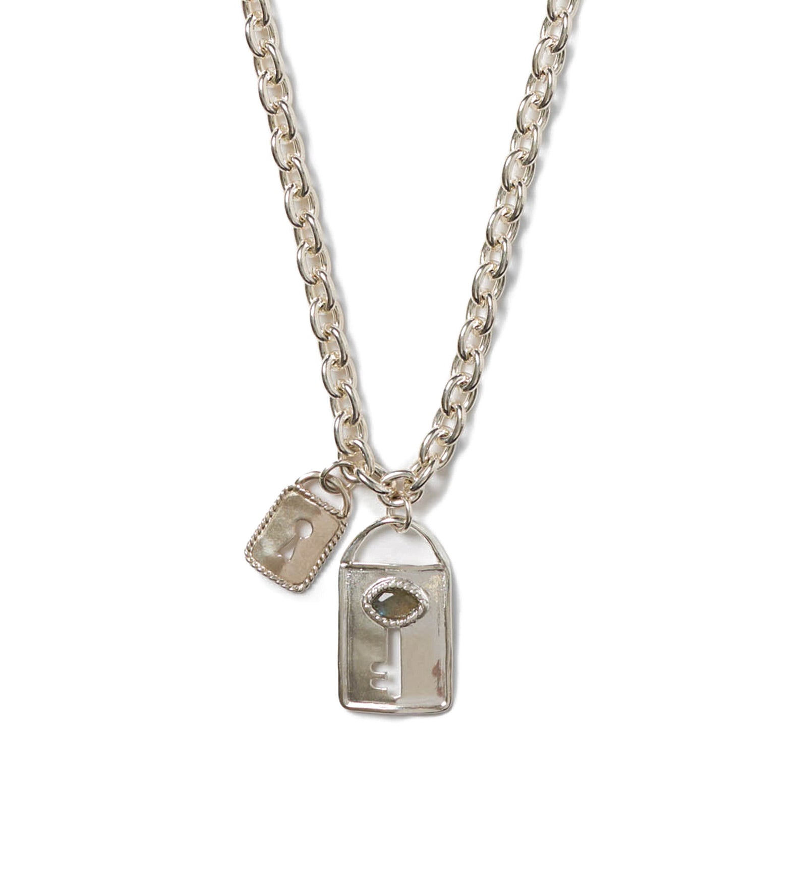 Lock + Key Necklace Silver Plated, Labradorite
