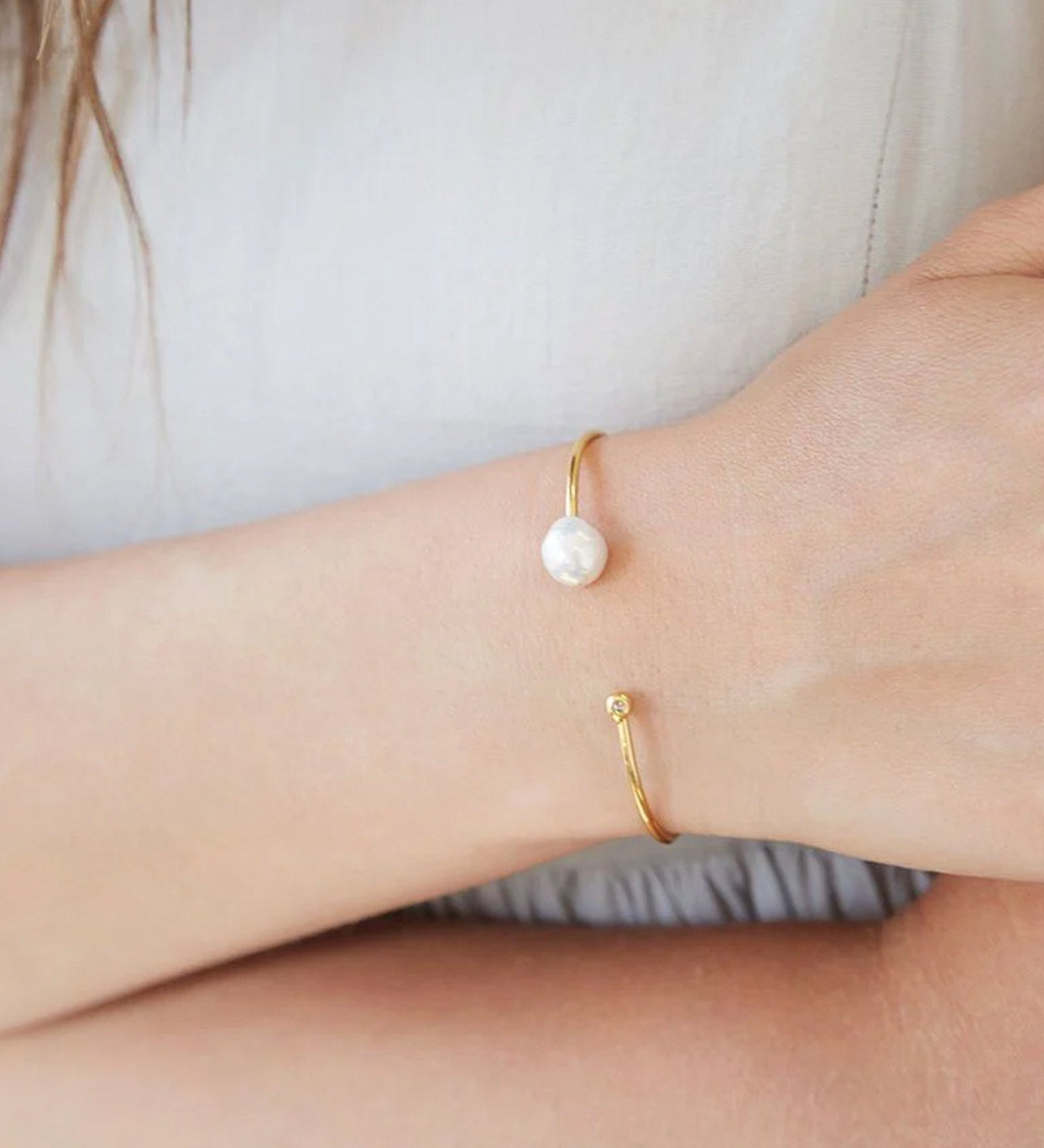 White Pearl and Gold Diamond Cuff 18k Gold Vermeil, White Pearl, Champagne Diamond