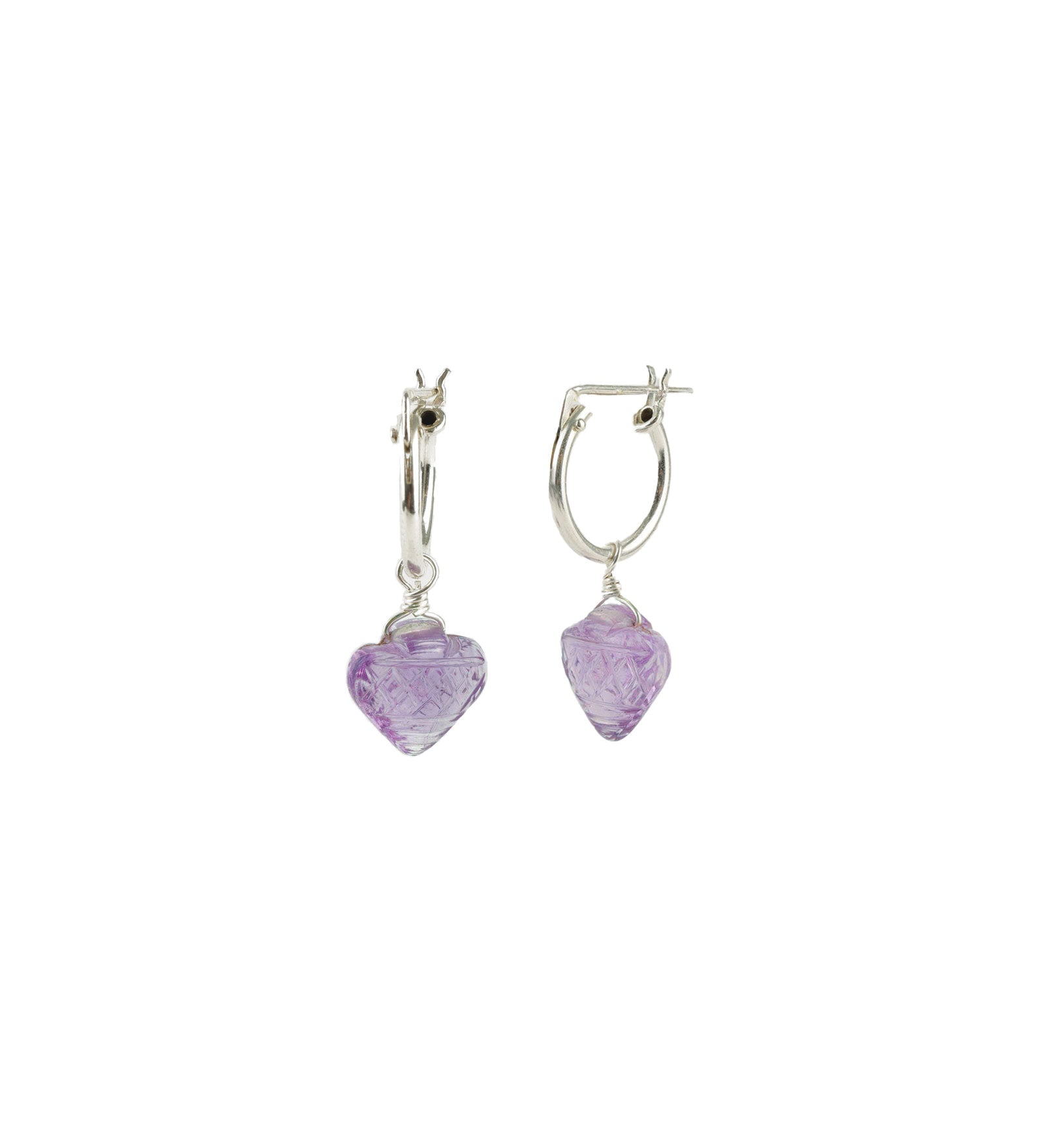 Gem Jar-Carved Heart Drop Huggies-Earrings-Sterling Silver, Amethyst-Blue Ruby Jewellery-Vancouver Canada