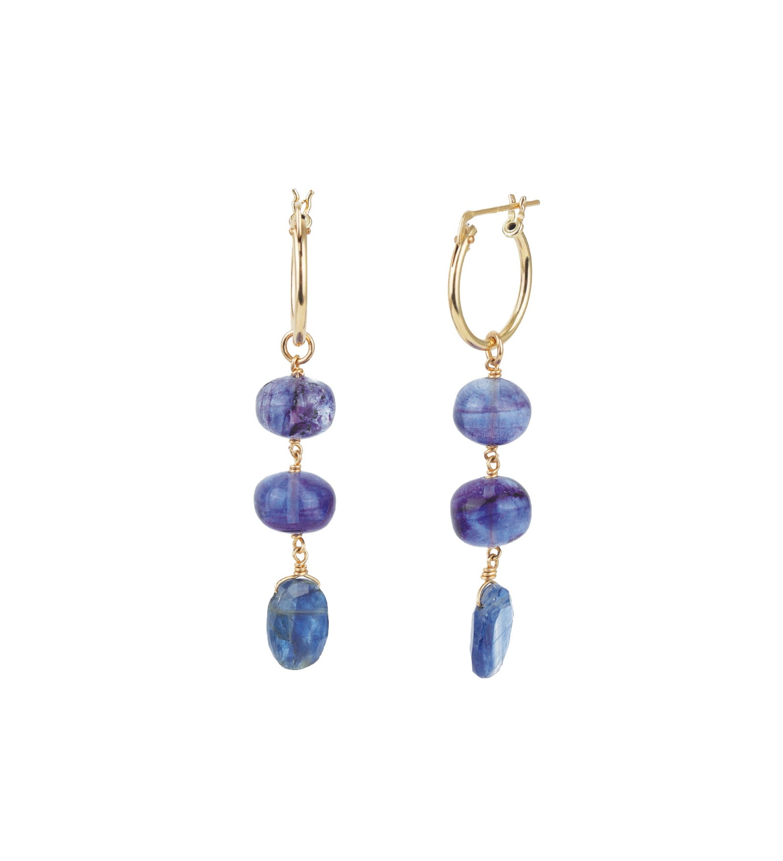 Gem Jar-Three Mix Stone Drop Huggies-Earrings-14k Gold Filled, Purple Fluorite, Blue Kyanite-Blue Ruby Jewellery-Vancouver Canada