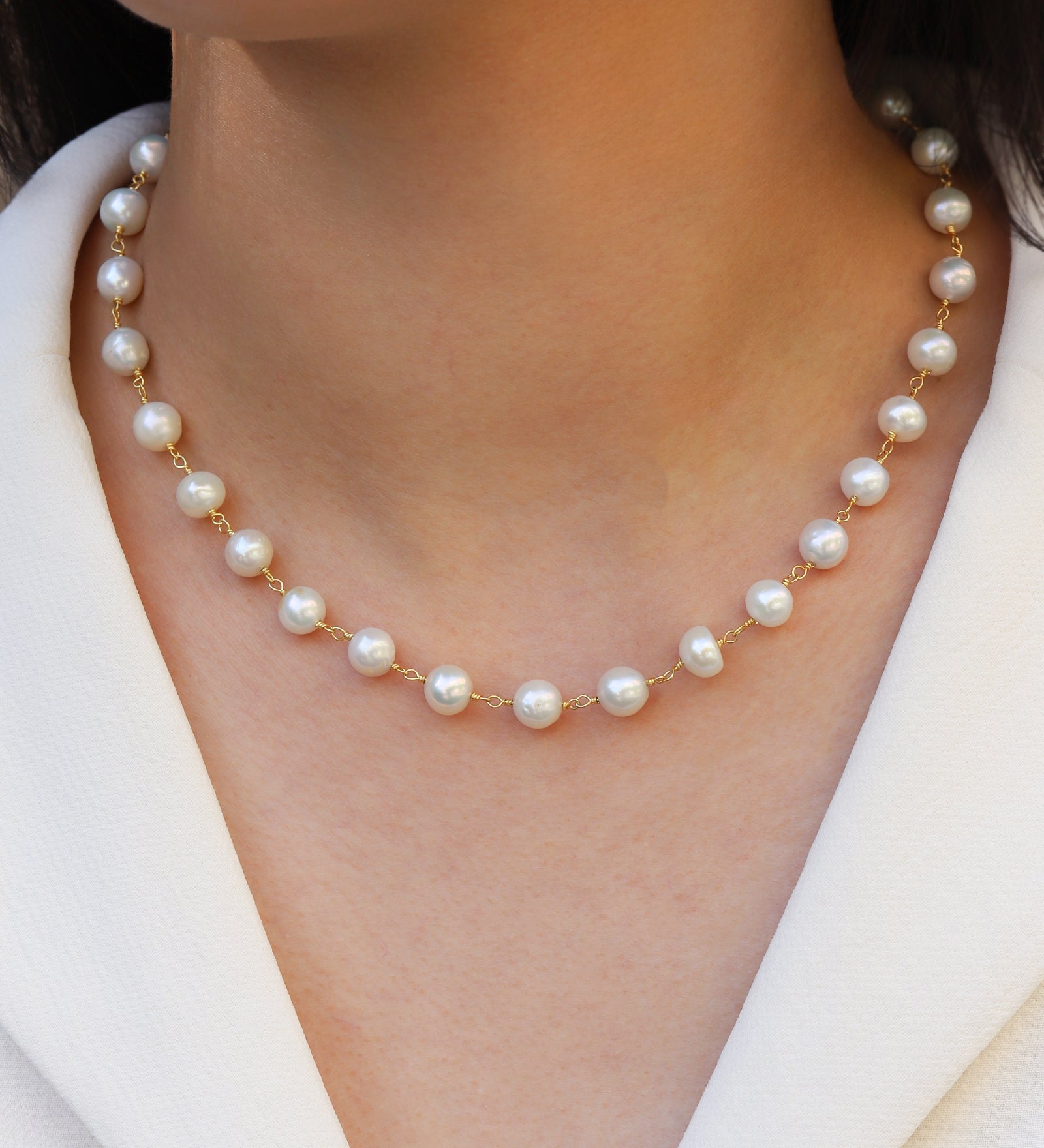 Wire Wrapped Pearl Necklace 14k Gold Filled, White Pearl