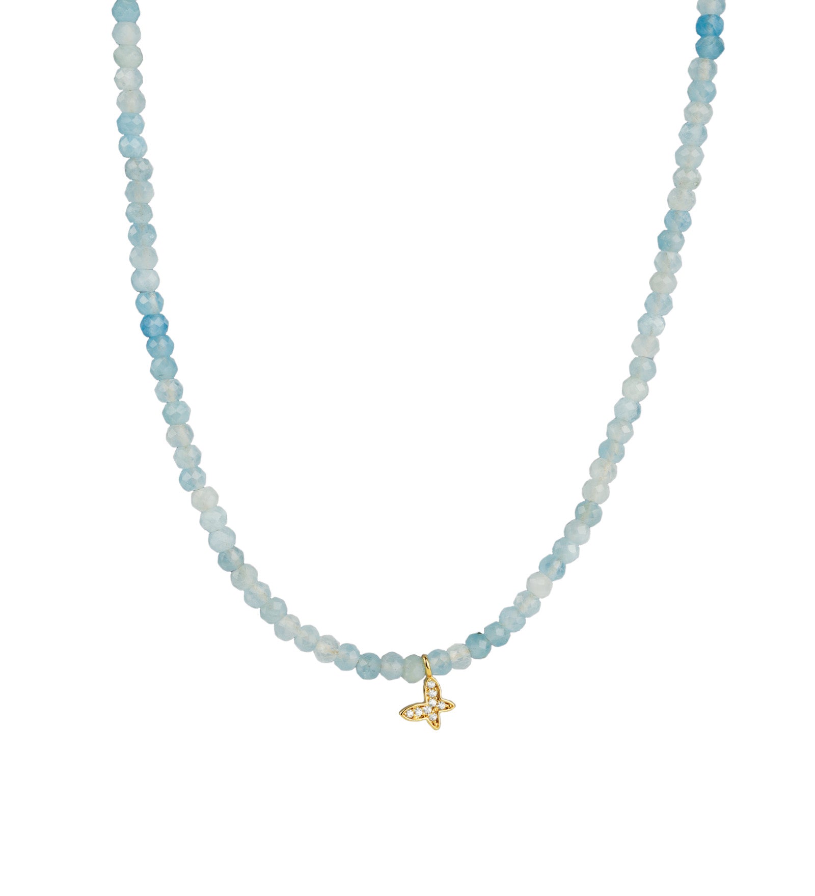 Butterfly Charm Aquamarine Beaded Necklace 14k Gold Filled, Aquamarine, Pave Cubic Zirconia