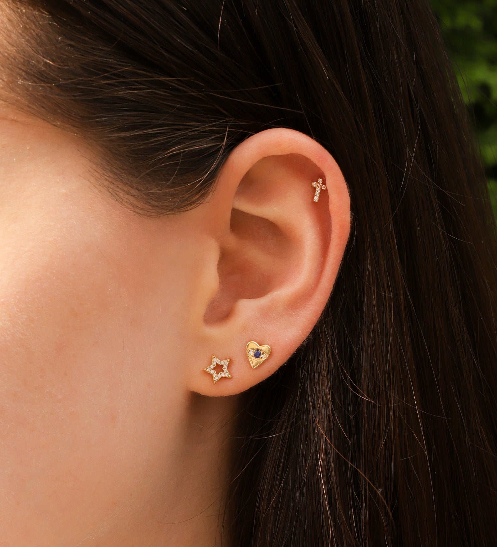 Cross CZ Cartilage Stud 14k Yellow Gold, Cubic Zirconia