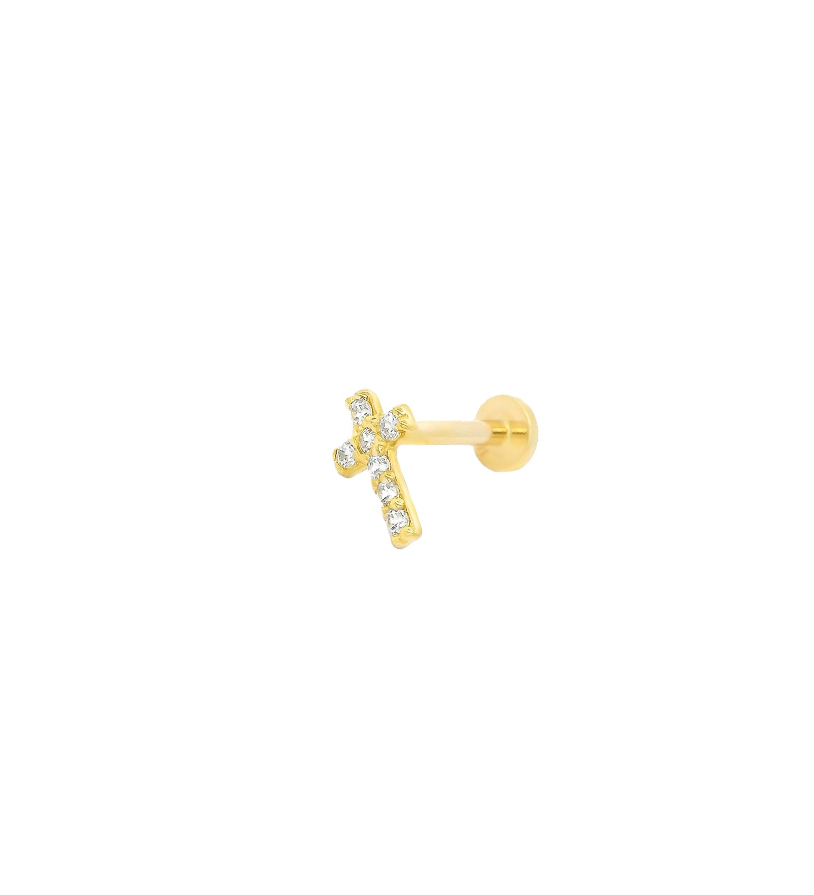 Cross CZ Cartilage Stud 14k Yellow Gold, Cubic Zirconia