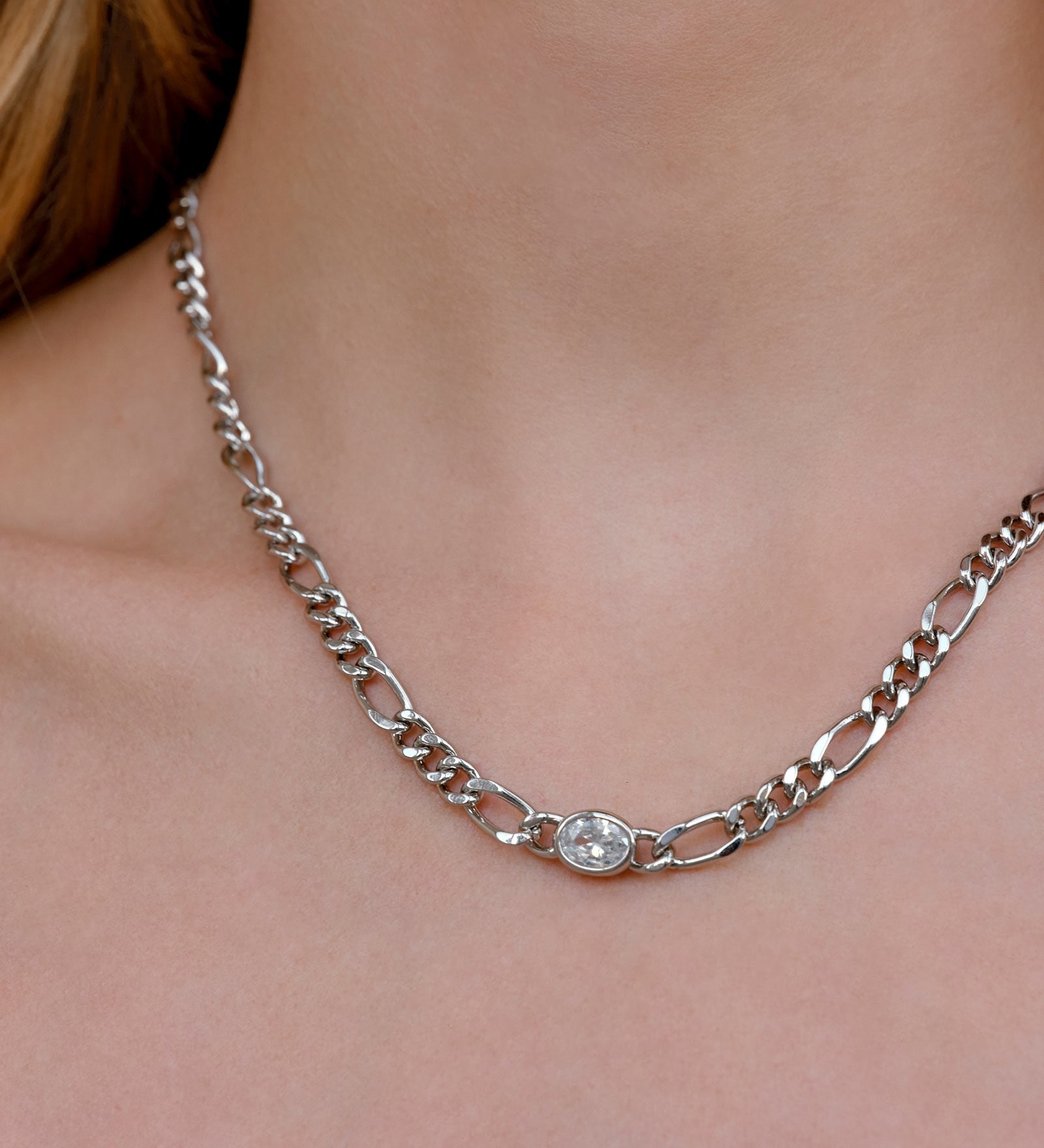 Oval Bezel Chain Necklace Rhodium Plated, Cubic Zirconia