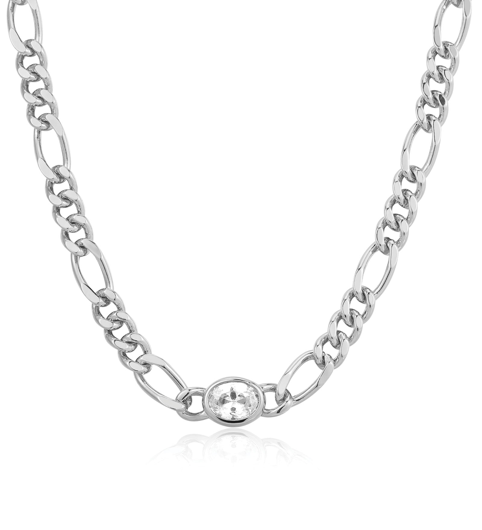 Oval Bezel Chain Necklace Rhodium Plated, Cubic Zirconia