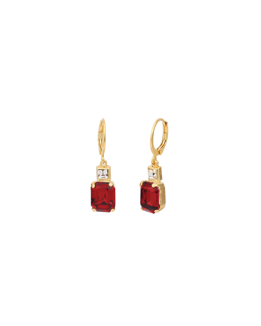 La Vie Parisienne-Rectangle Crystal Hooks-Earrings-14k Gold Plated, Red Crystal-Blue Ruby Jewellery-Vancouver Canada