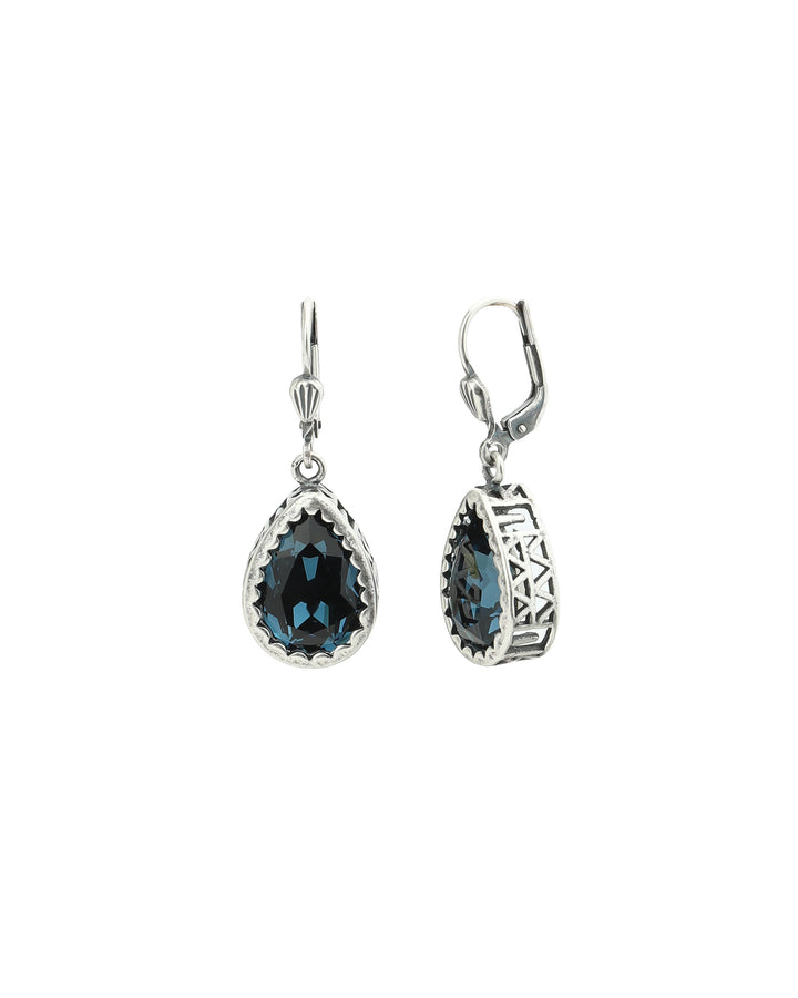 La Vie Parisienne-Filigree Bezel Teardrop Hooks-Earrings-Silver Plated, Midnight Crystal-Blue Ruby Jewellery-Vancouver Canada