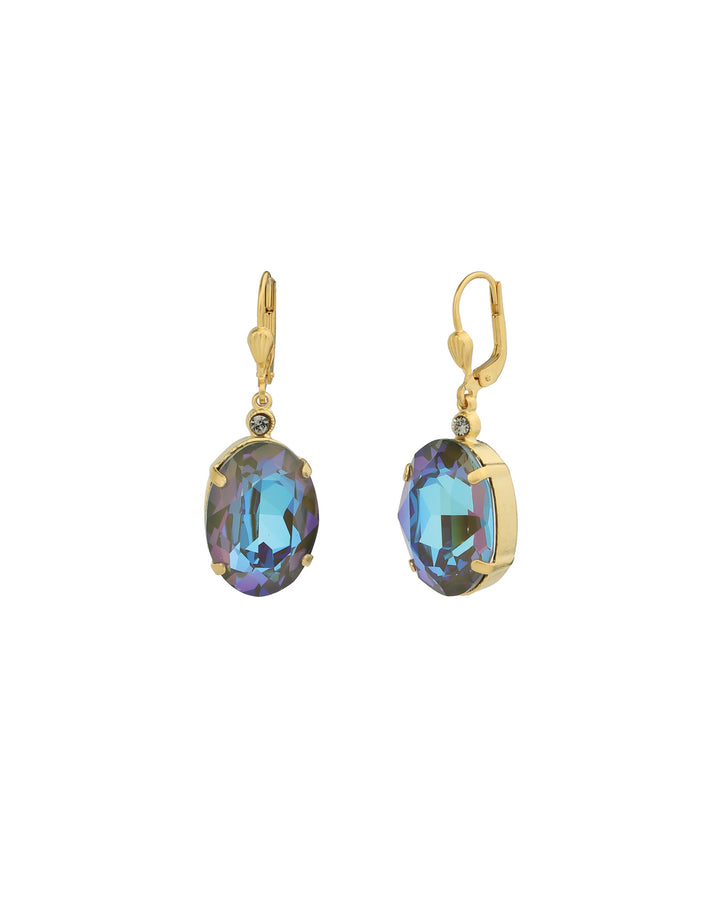 La Vie Parisienne-Oval Crystal Hooks-Earrings-14k Gold Plated, Army Green Crystal-Blue Ruby Jewellery-Vancouver Canada