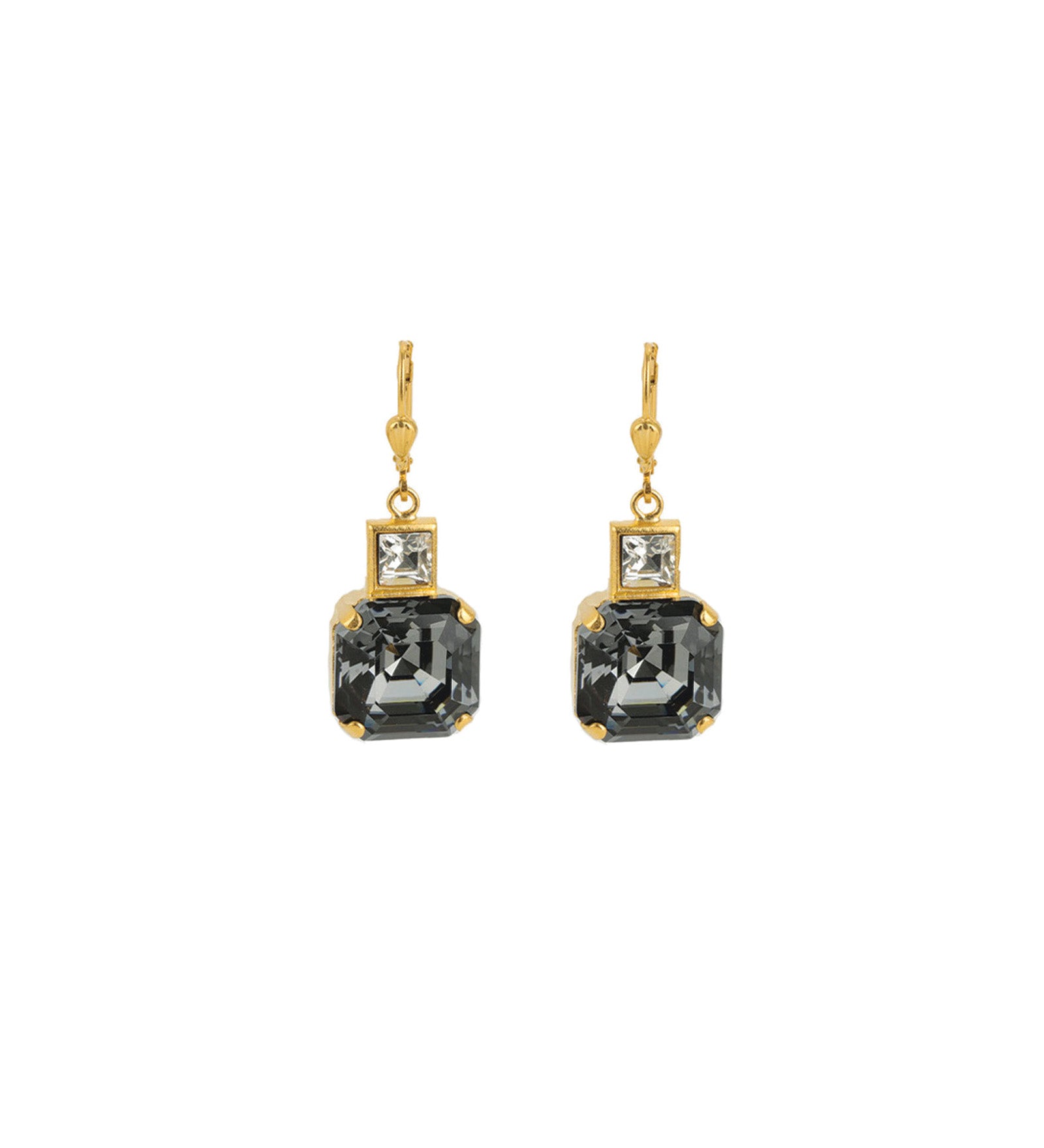 La Vie Parisienne-Two Square Crystal Hooks-Earrings-14k Gold Plated, Silvernight & White Crystal-Blue Ruby Jewellery-Vancouver Canada