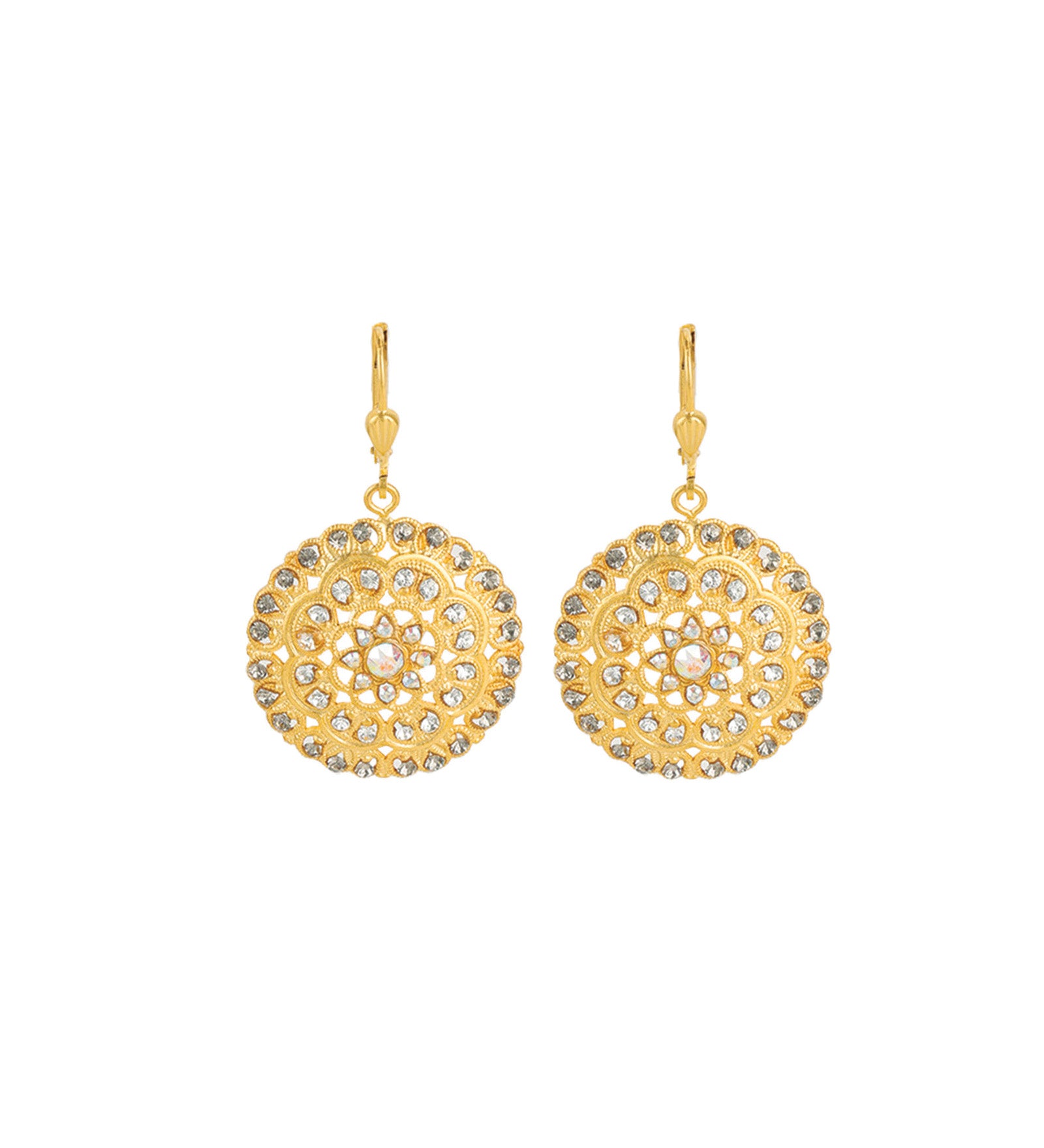 La Vie Parisienne-Round Filigree Pavé Crystal Hooks-Earrings-14k Gold Plated, White & Black Diamond Crystal-Blue Ruby Jewellery-Vancouver Canada