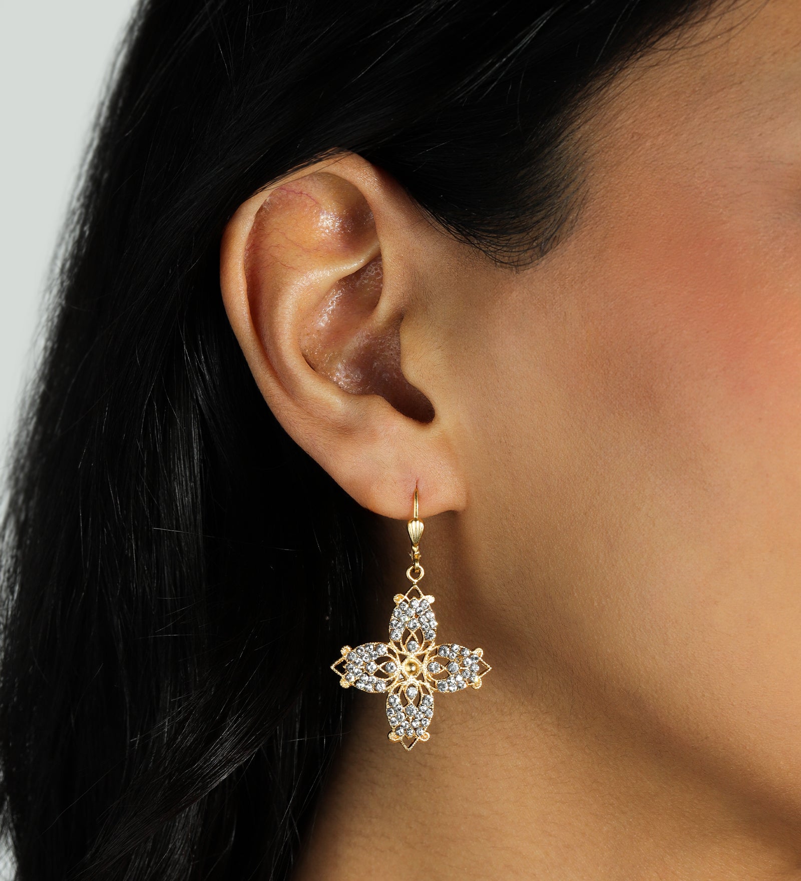 La Vie Parisienne-Four Petal Crystal Hooks-Earrings-14k Gold Plated, White Crystal-Blue Ruby Jewellery-Vancouver Canada