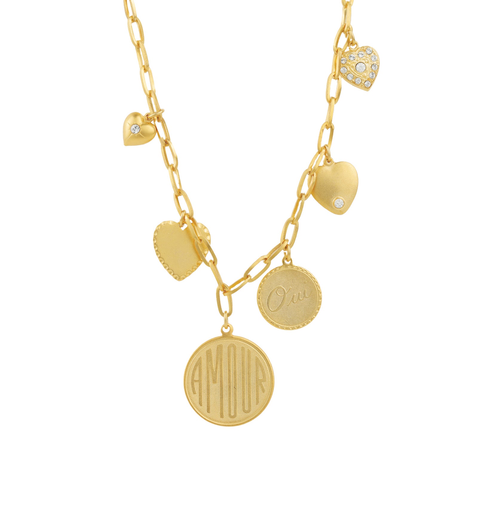 Armour Heart Charm Necklace Antique 14k Gold Plated, White Crystal