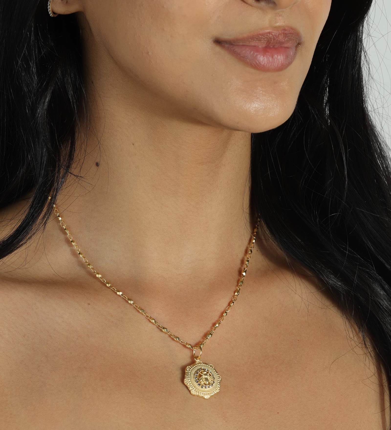 La Vie Parisienne-Bee Disc Necklace-Necklaces-14k Gold Plated, Black Diamond Crystal-Blue Ruby Jewellery-Vancouver Canada