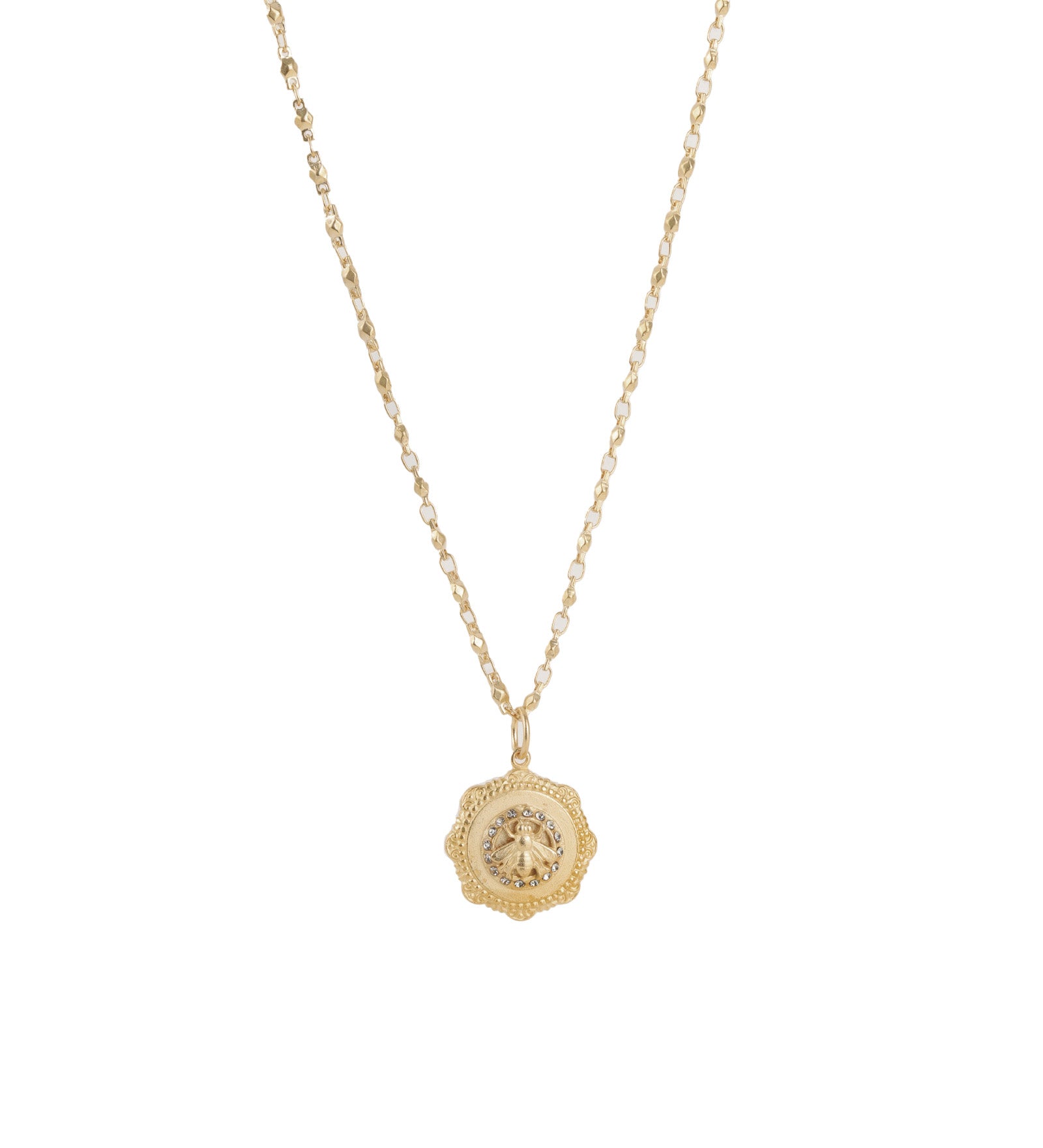 Bee Disc Necklace 14k Gold Plated, Black Diamond Crystal