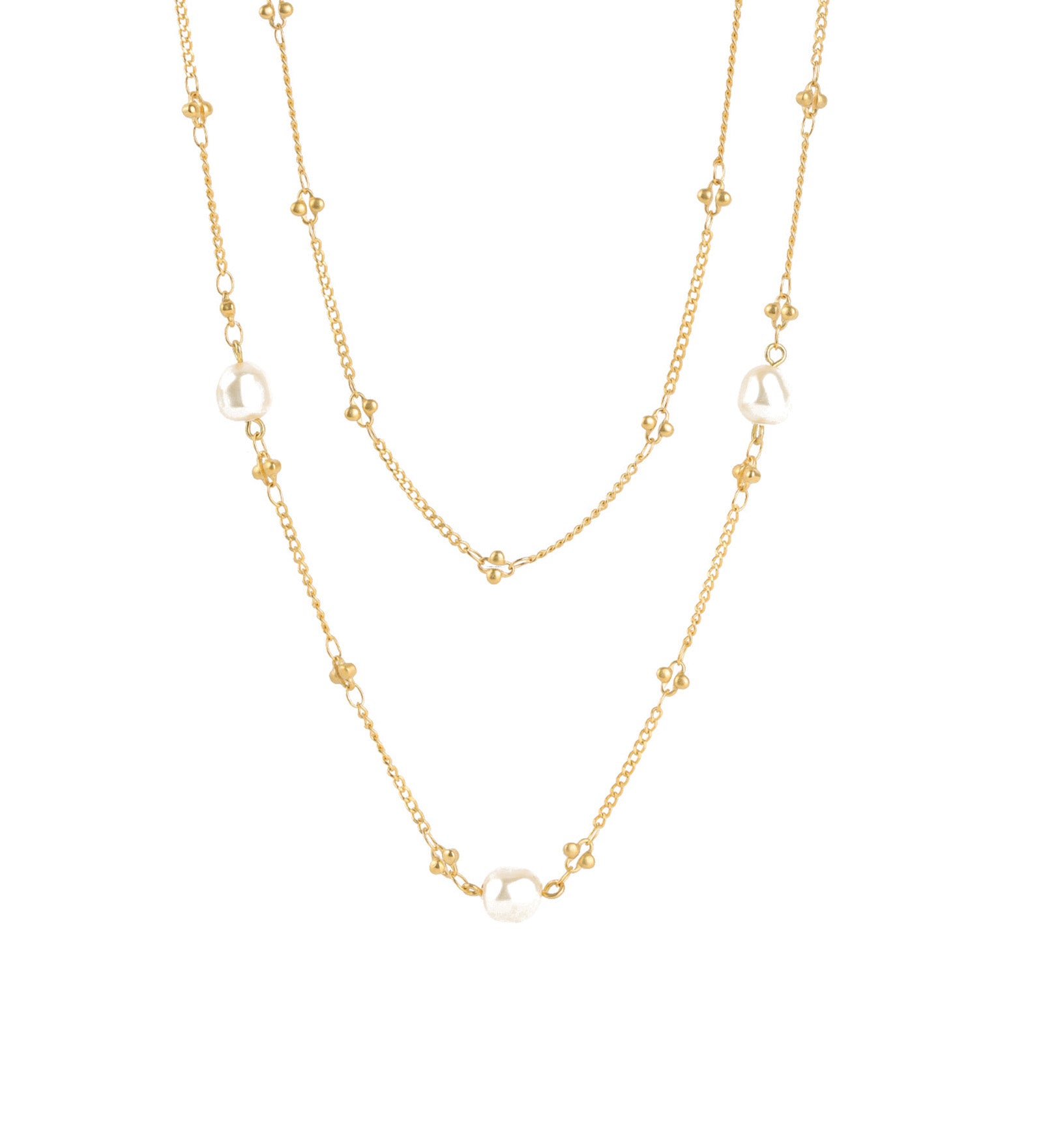 Two Row Pearl Necklace 14k Gold Plated, White Pearl