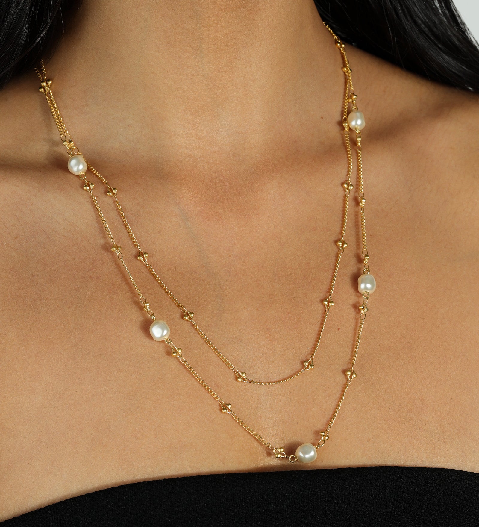 La Vie Parisienne-Two Row Pearl Necklace-Necklaces-14k Gold Plated, White Pearl-Blue Ruby Jewellery-Vancouver Canada