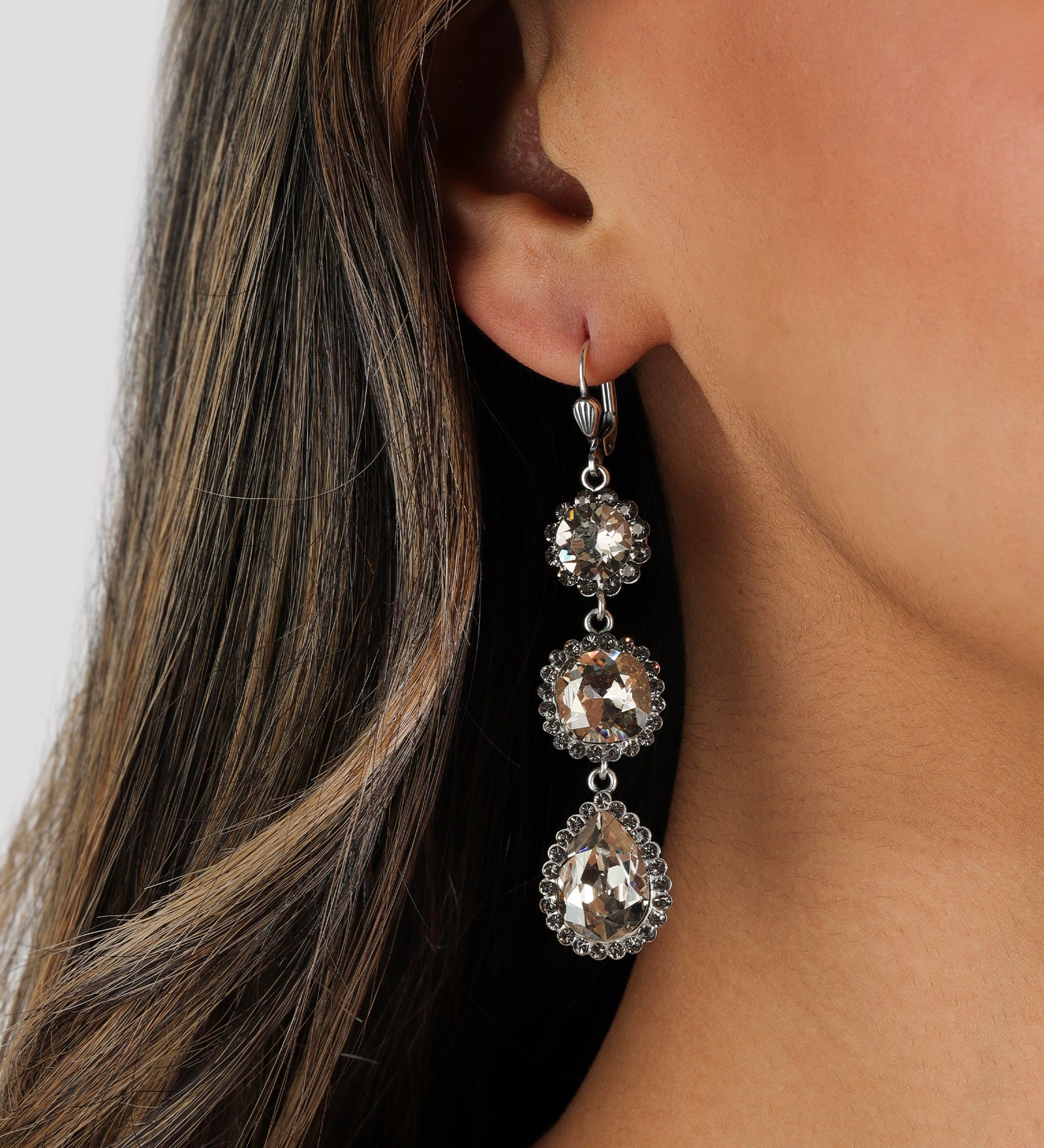 Three Crystal Halo Drop Hooks Silver Plated, Shade Crystal