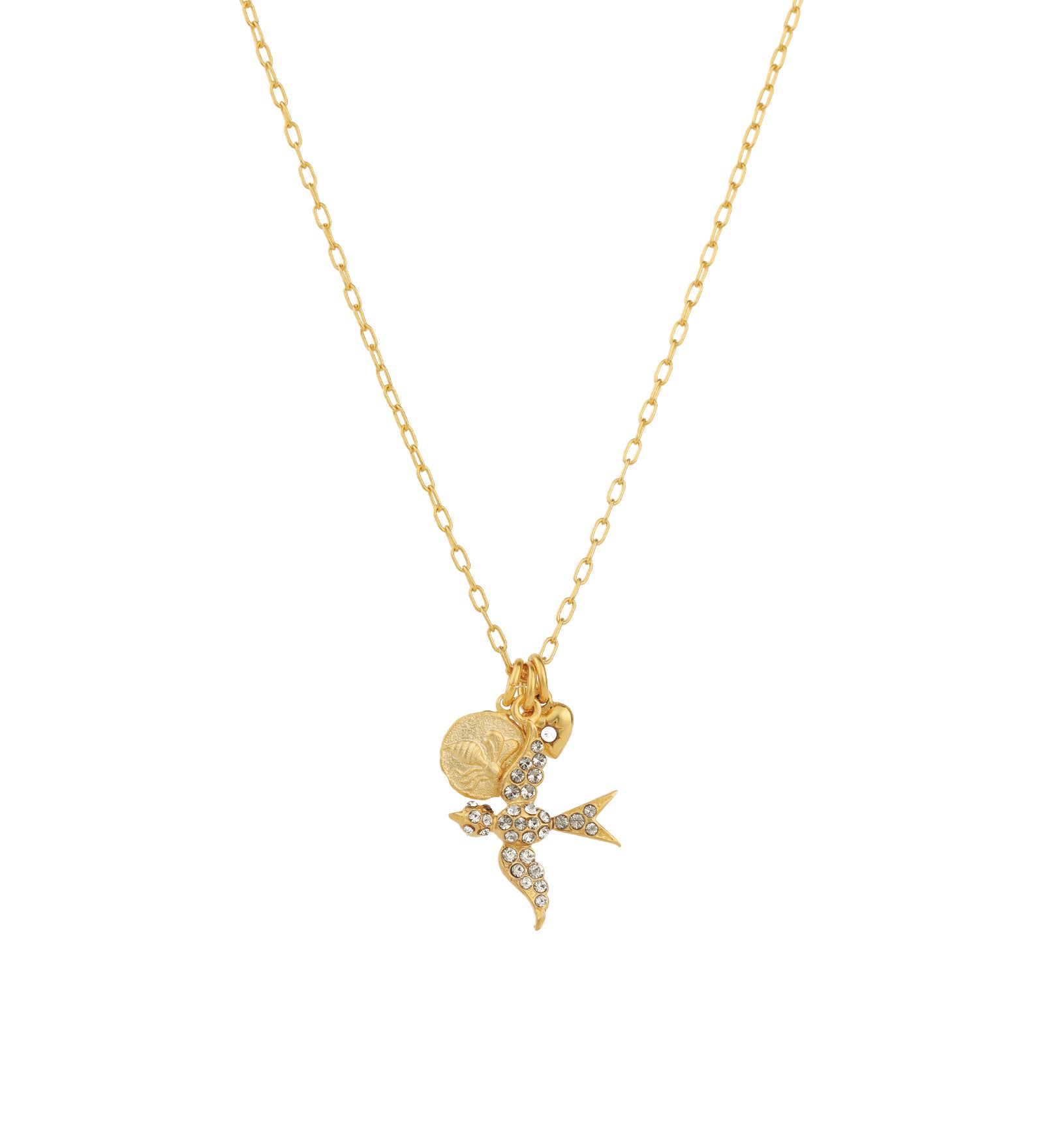 Swallow Heart Charm Necklace Antique 14k Gold Plated, Black Diamond Crystal