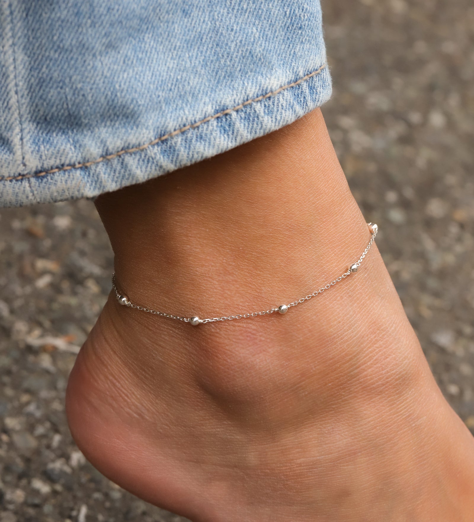 1948-Beaded Station Anklet-Anklets-Sterling Silver-Blue Ruby Jewellery-Vancouver Canada