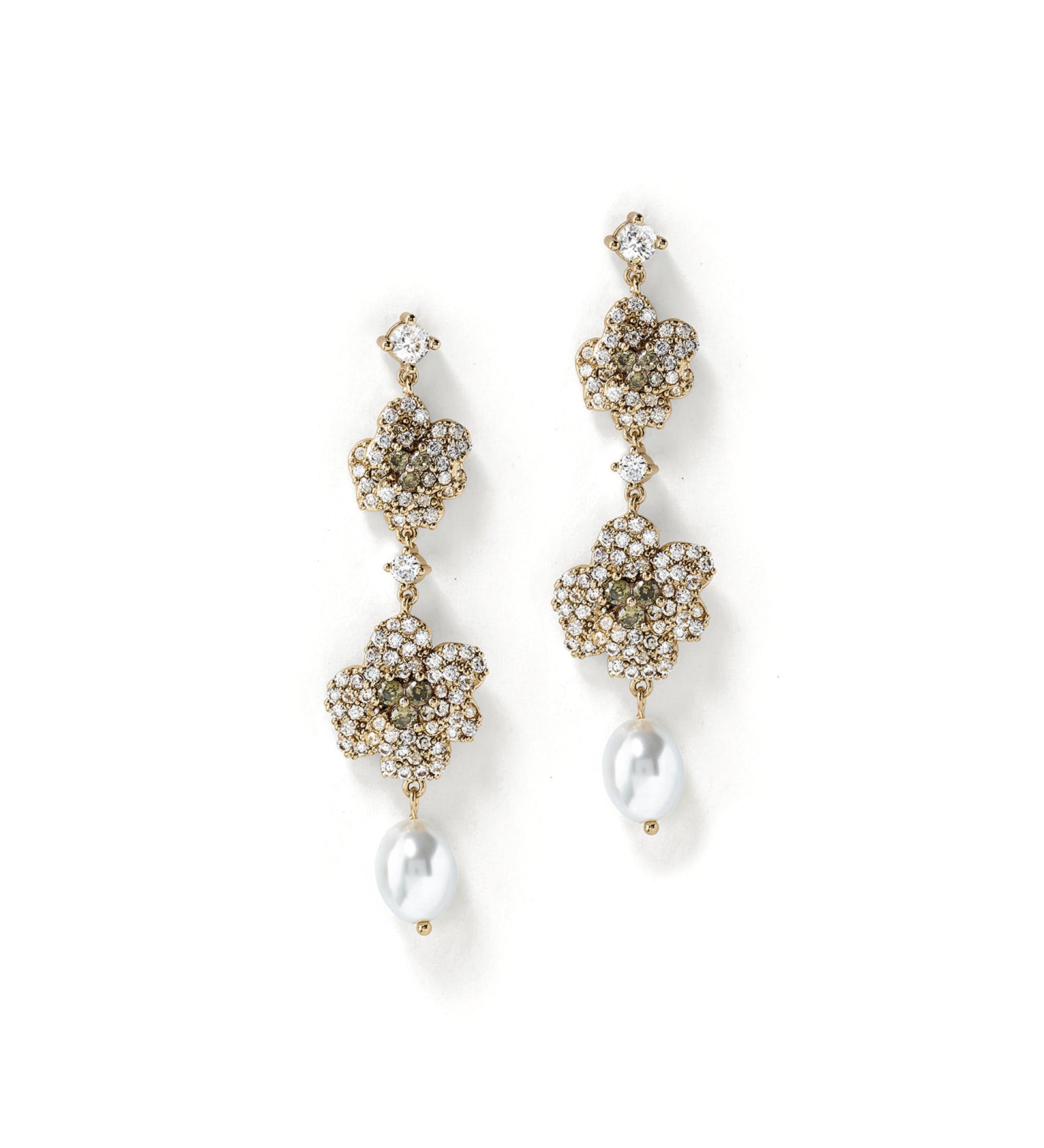 Liana Drops 14k Gold Plated, Green Crystal, White Pearl