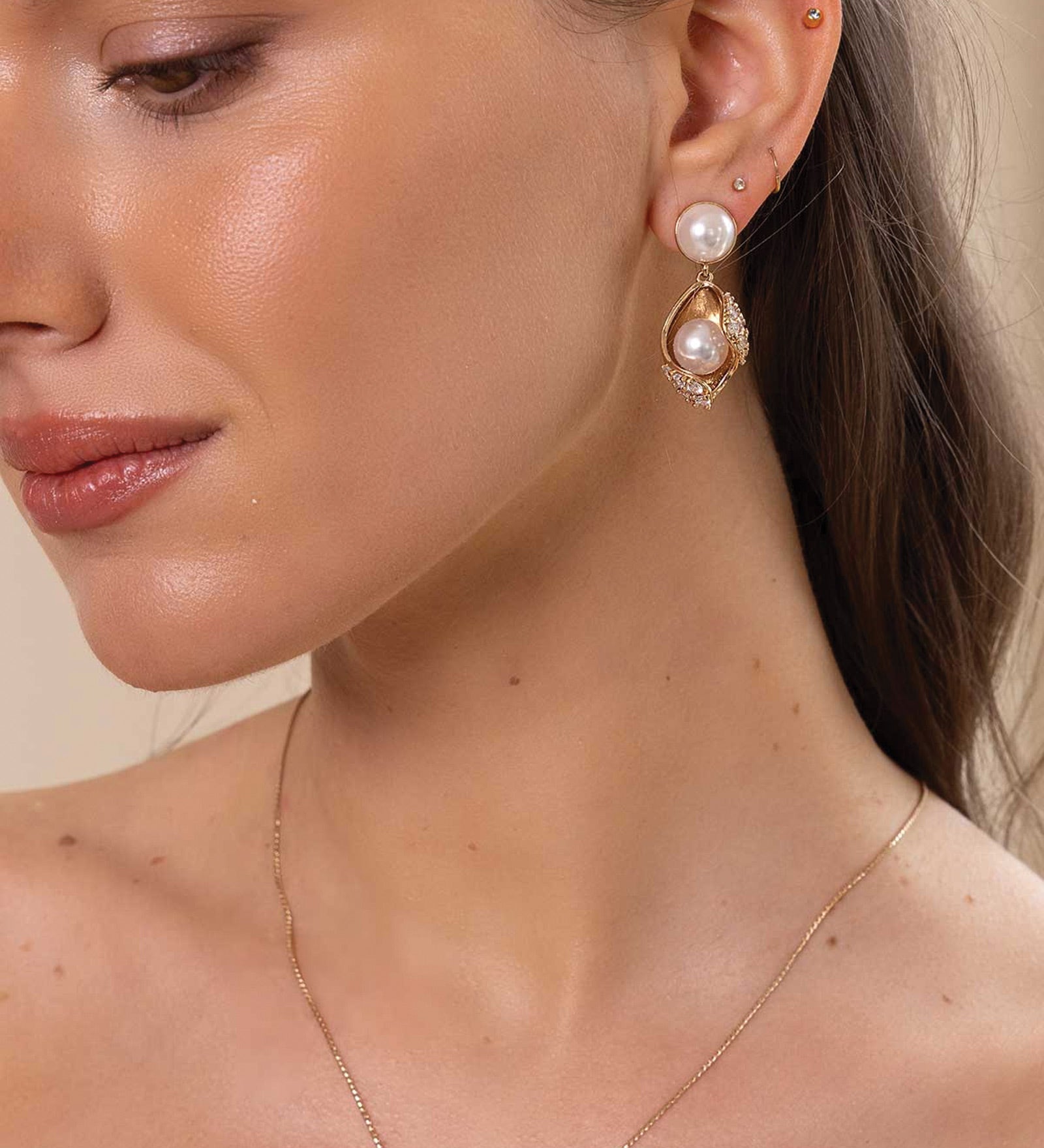 Neryda Drops 14k Gold Plated, Cubic Zirconia, White Pearl