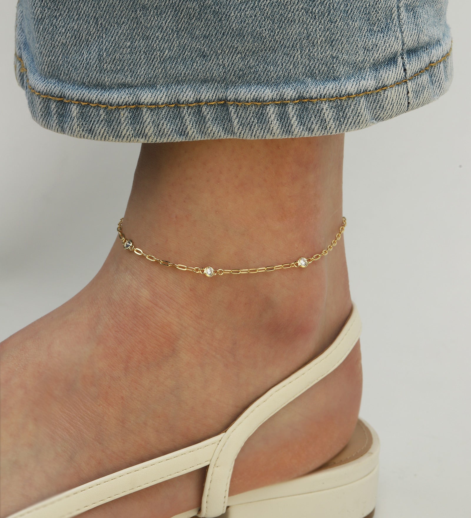 3 CZ Paperclip Chain Anklet 14k Gold Vermeil, Cubic Zirconia