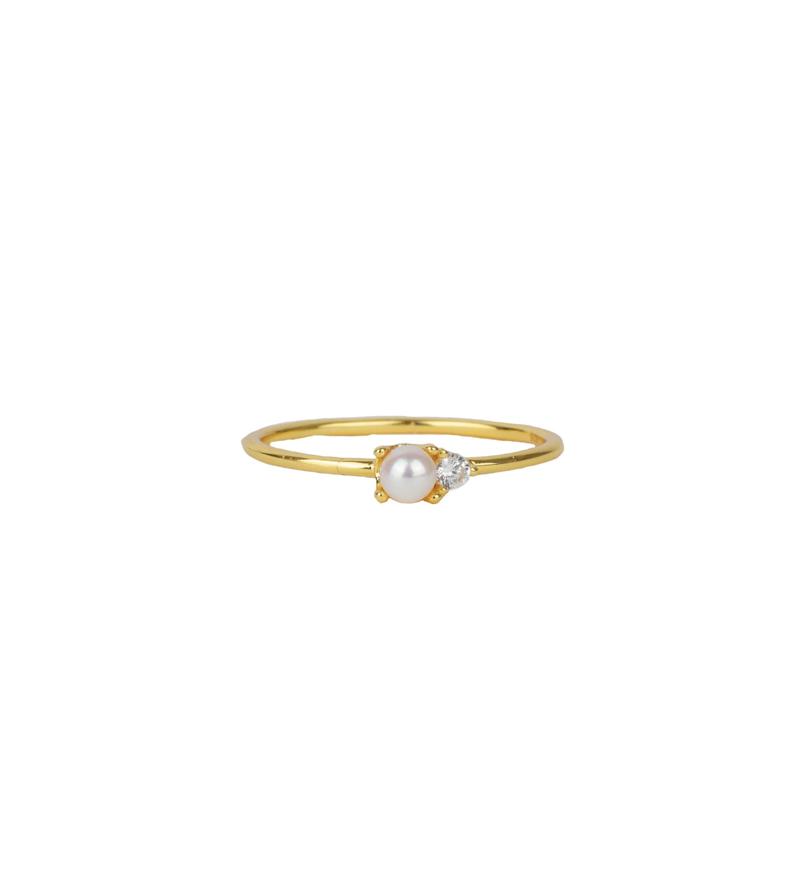 Single Pearl + CZ Ring 14k Gold Vermeil, Cubic Zirconia, White Pearl / 5