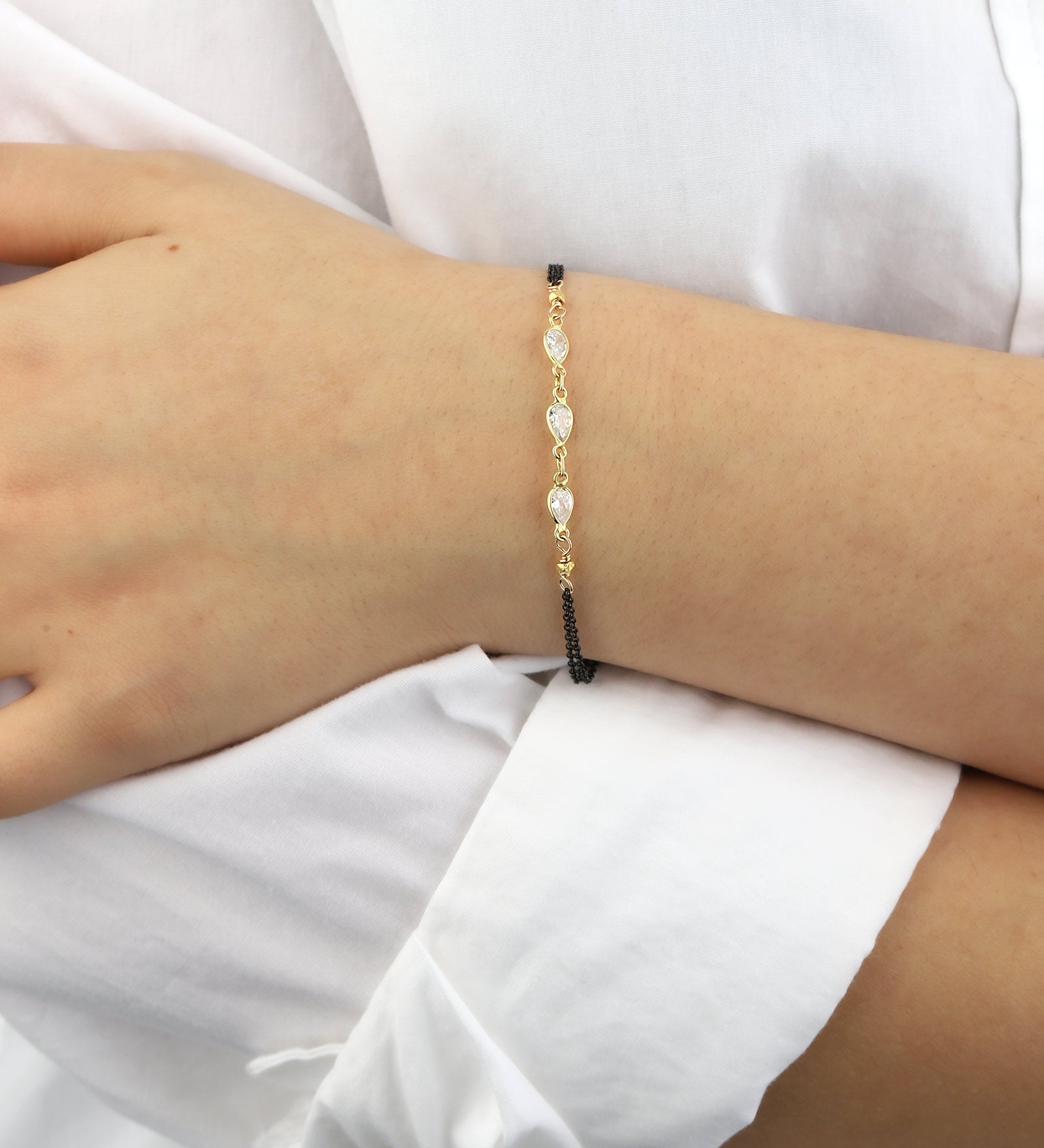 3 Teardrop CZ 2 Chain Bracelet 22k Gold Vermeil, Oxidized Sterling Silver