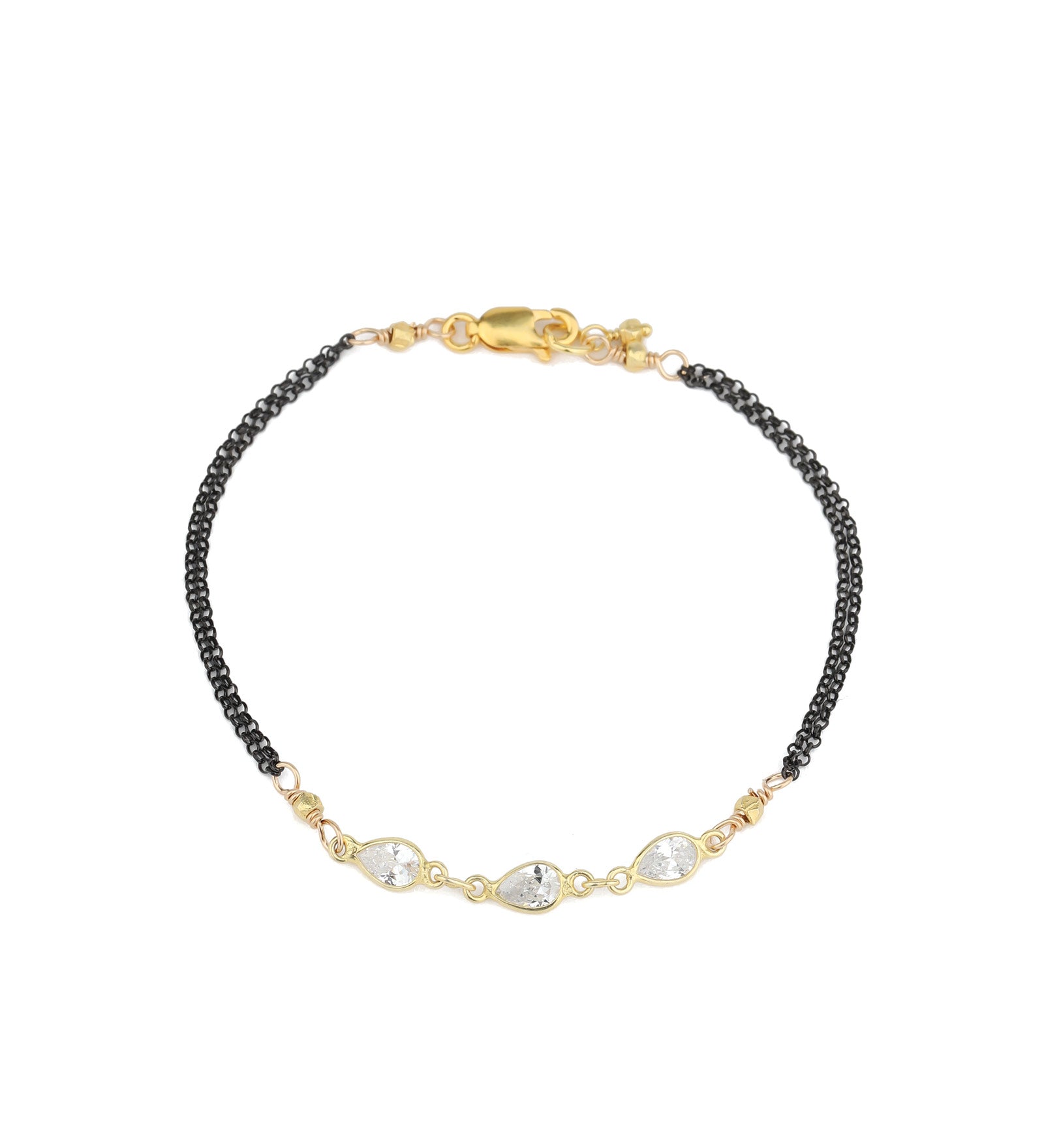 3 Teardrop CZ 2 Chain Bracelet 22k Gold Vermeil, Oxidized Sterling Silver