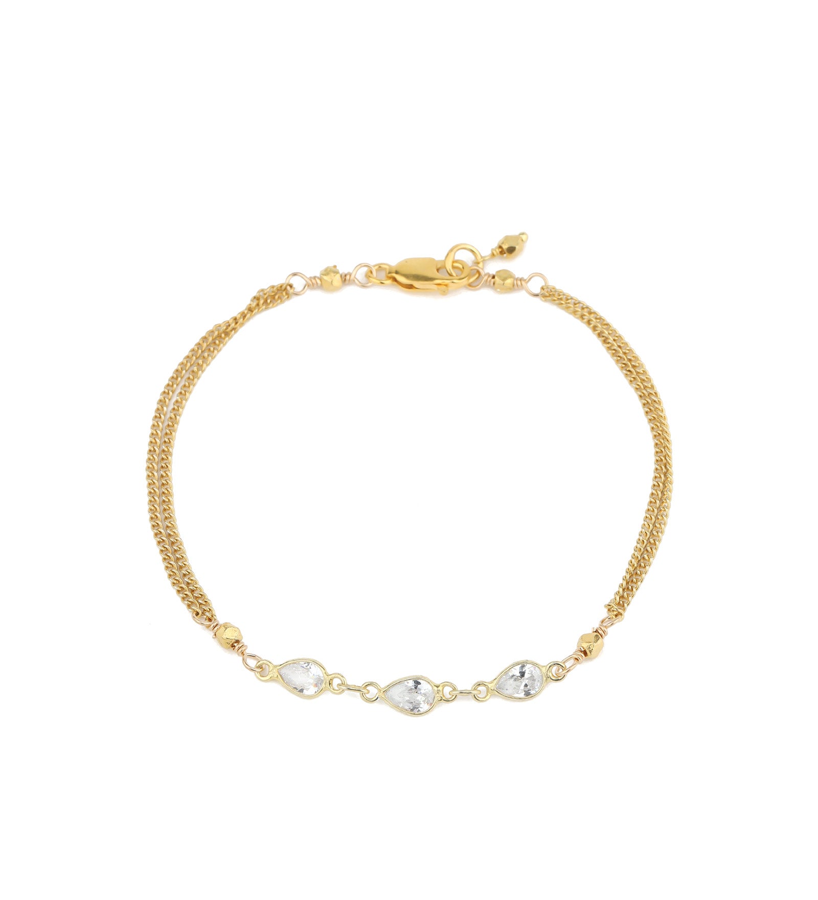 3 Teardrop CZ 2 Chain Bracelet 22k Gold Vermeil, Cubic Zirconia