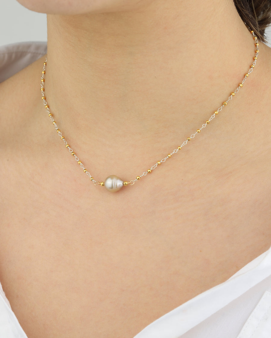 Beaded Chain Tahitian Pearl Necklace 22k Gold Vermeil, Sterling Silver