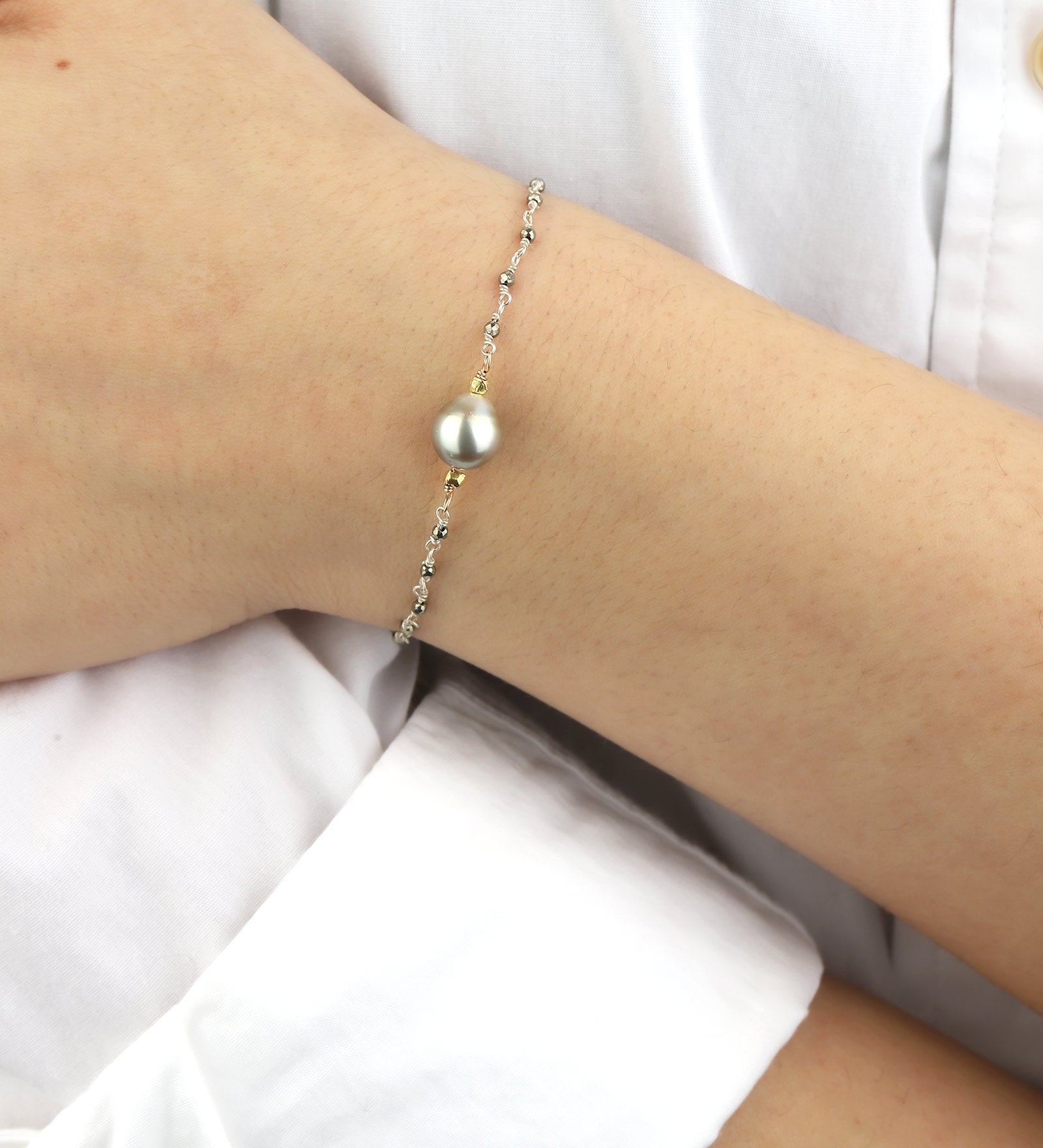 Beaded Chain Tahitian Pearl Bracelet 22k Gold Vermeil, Sterling Silver