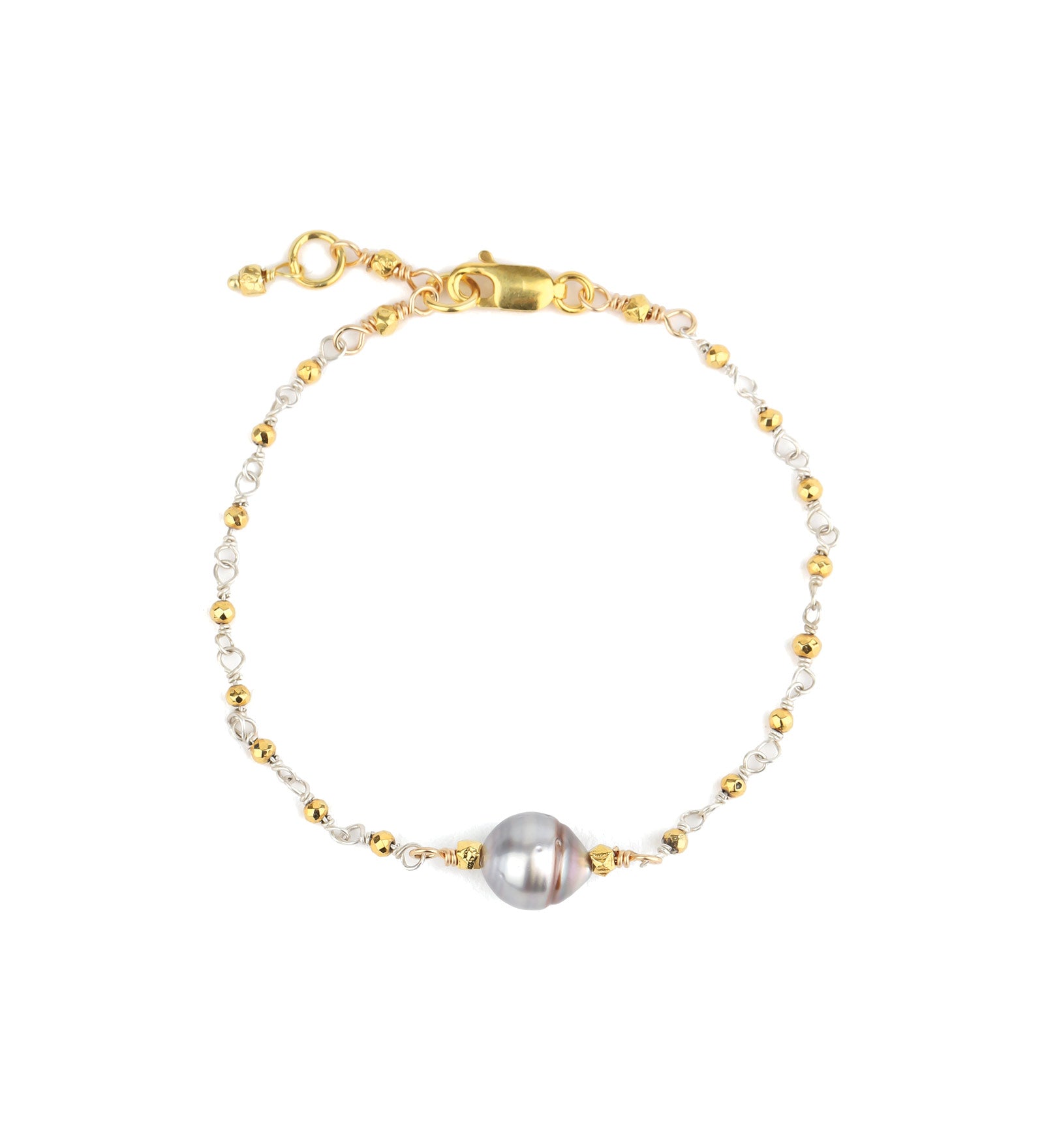 Beaded Chain Tahitian Pearl Bracelet 22k Gold Vermeil, Sterling Silver