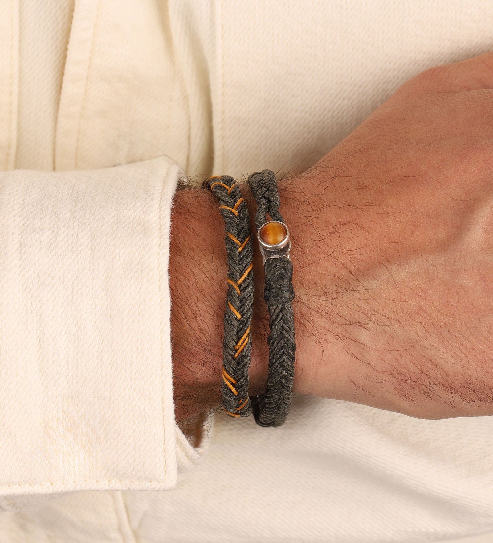 Classic Fishtail Button Bracelet Sterling Silver, Army Fleck Waxed Nylon