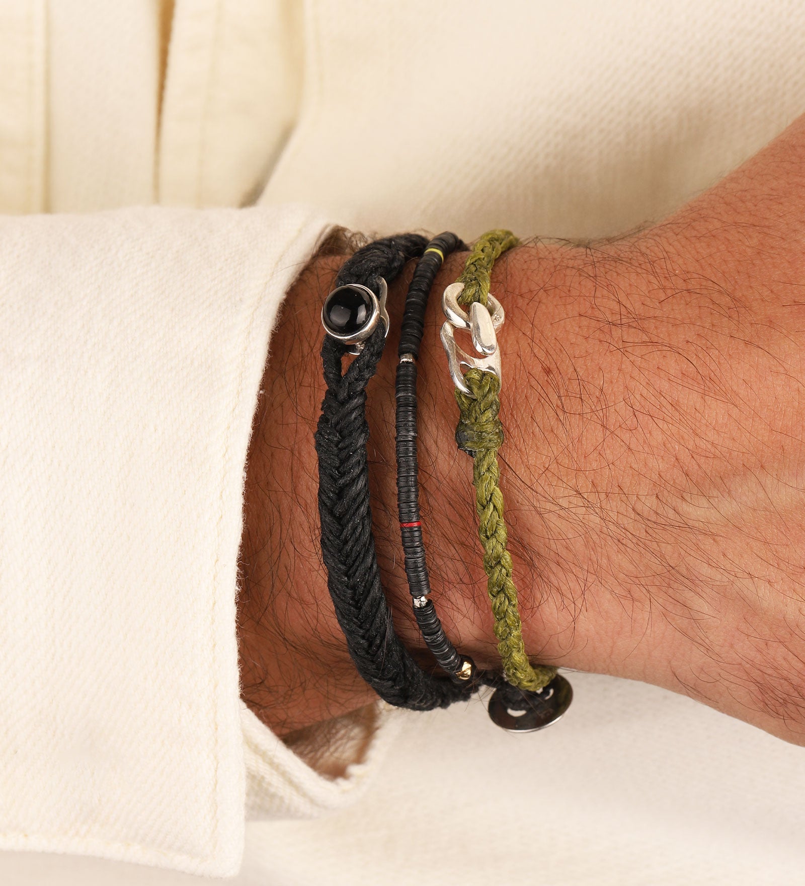 Single Wrap Bracelet Sterling Silver, Olive Waxed Nylon